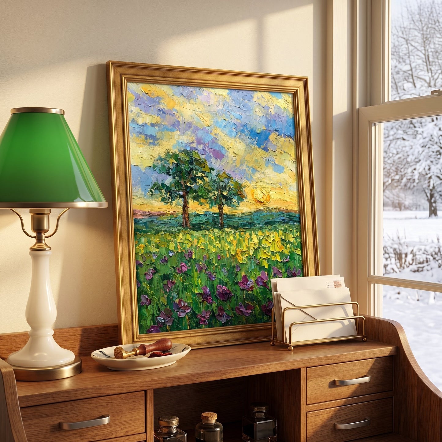 Home office, mid-century modern — Impressionist landscape painting adds vibrant color and natural serenity to the workspace