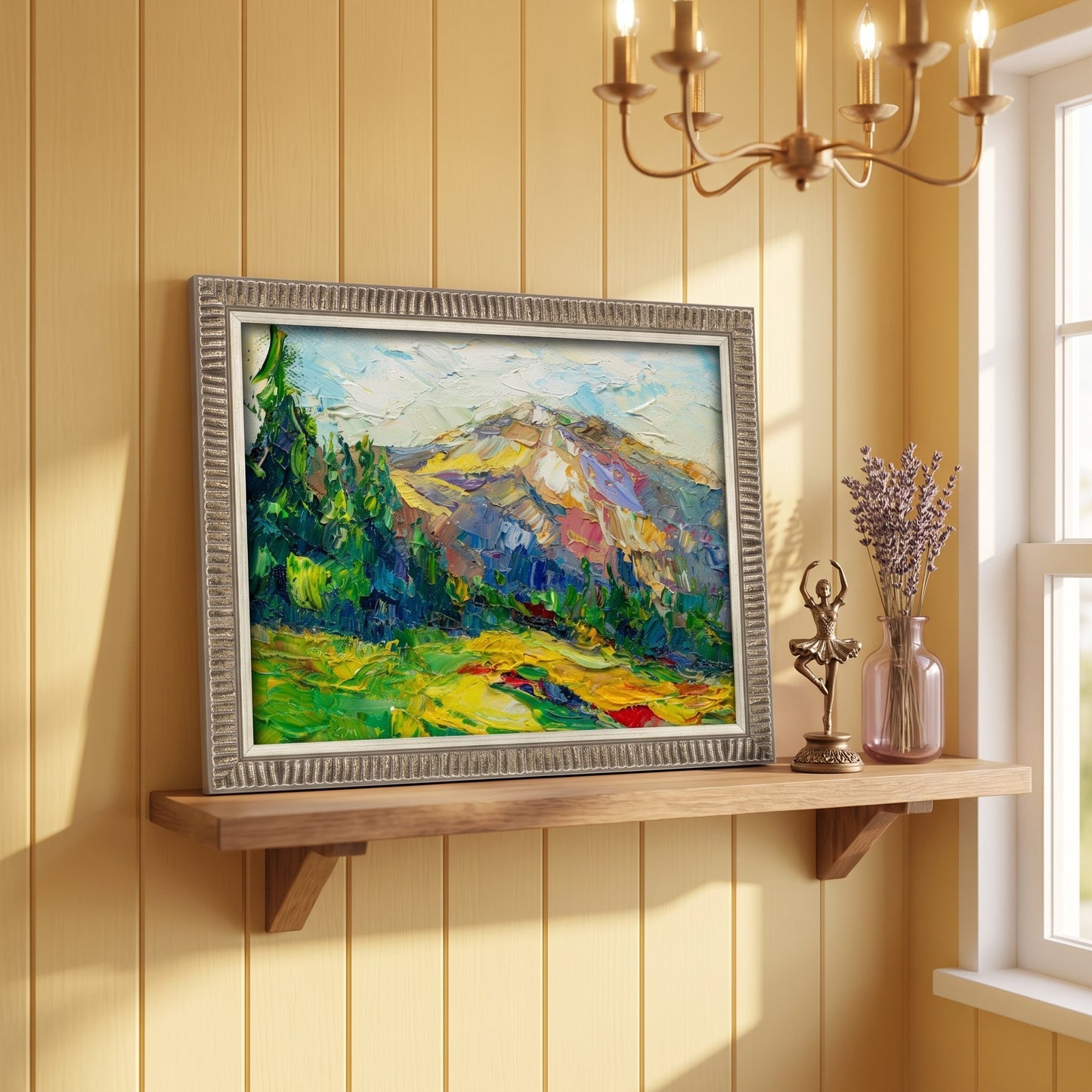 Rustic farmhouse living room — vibrant Impressionist landscape elevates the space with natural color harmony and serene mountain imagery
