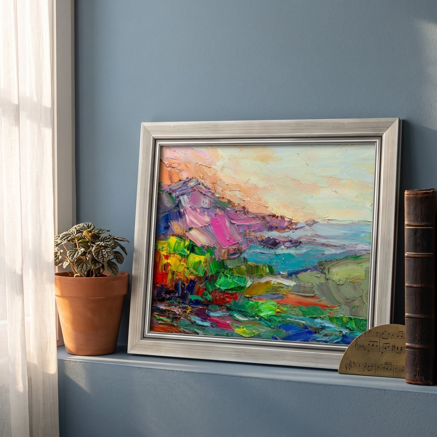 Contemporary living room — vibrant expressionist landscape painting elevates minimalist space with bold color and texture