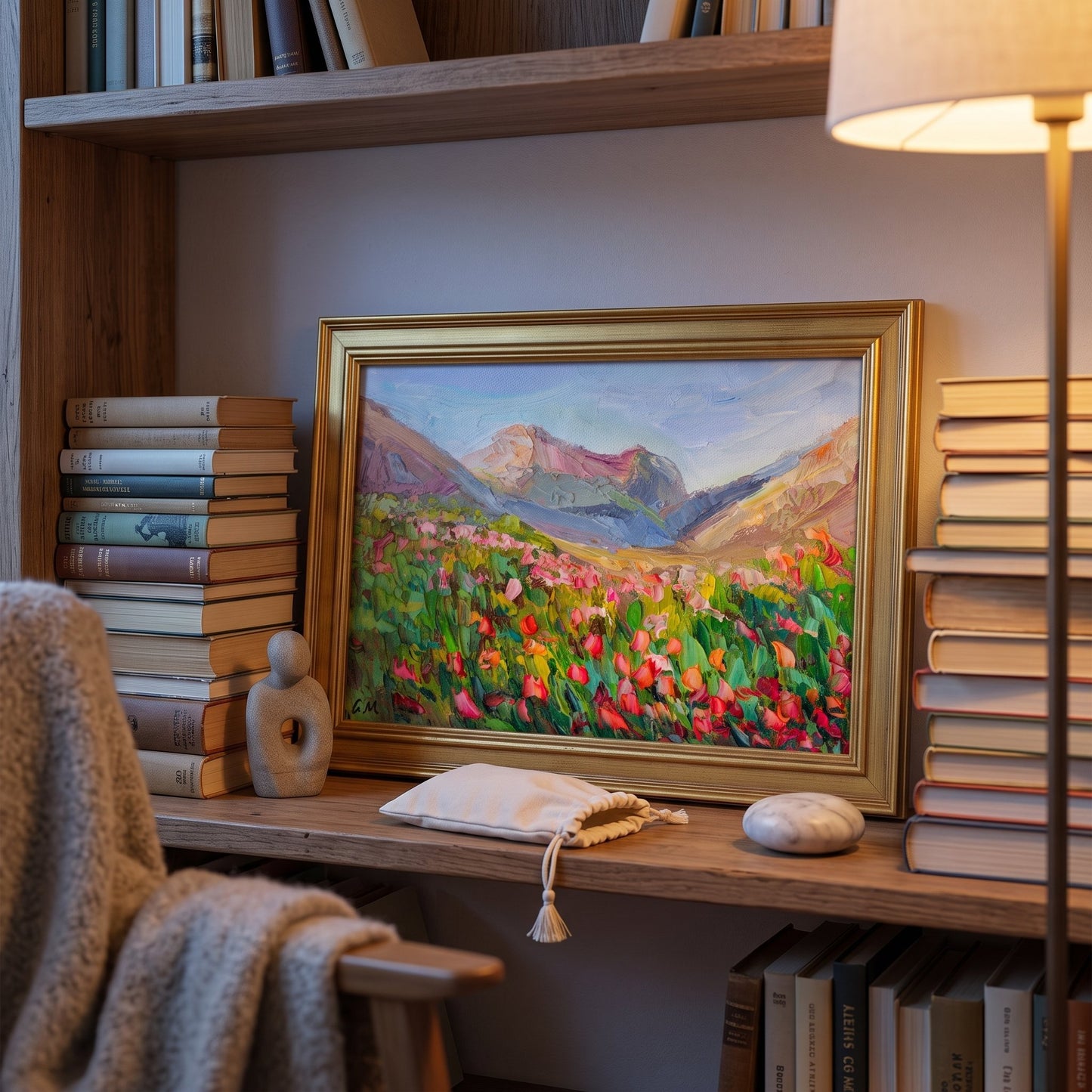 RusticFarmhouseReadingNook — OriginalImpressionistLandscapePaintingAddsVibrantNatureFocusWithWarmAmbientLighting