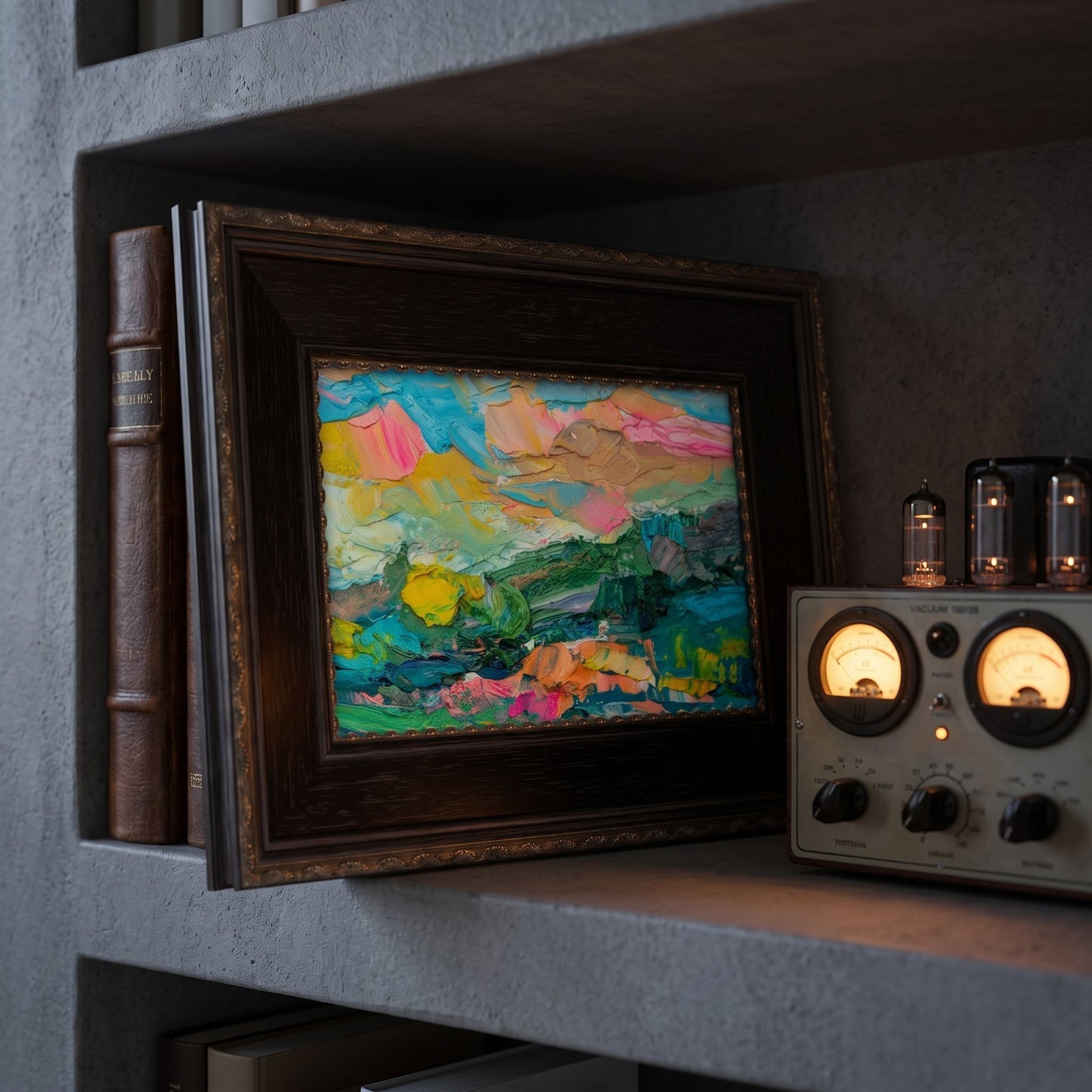 Industrial loft study — vibrant Expressionist landscape adds color and emotion to a minimalist tech-inspired space