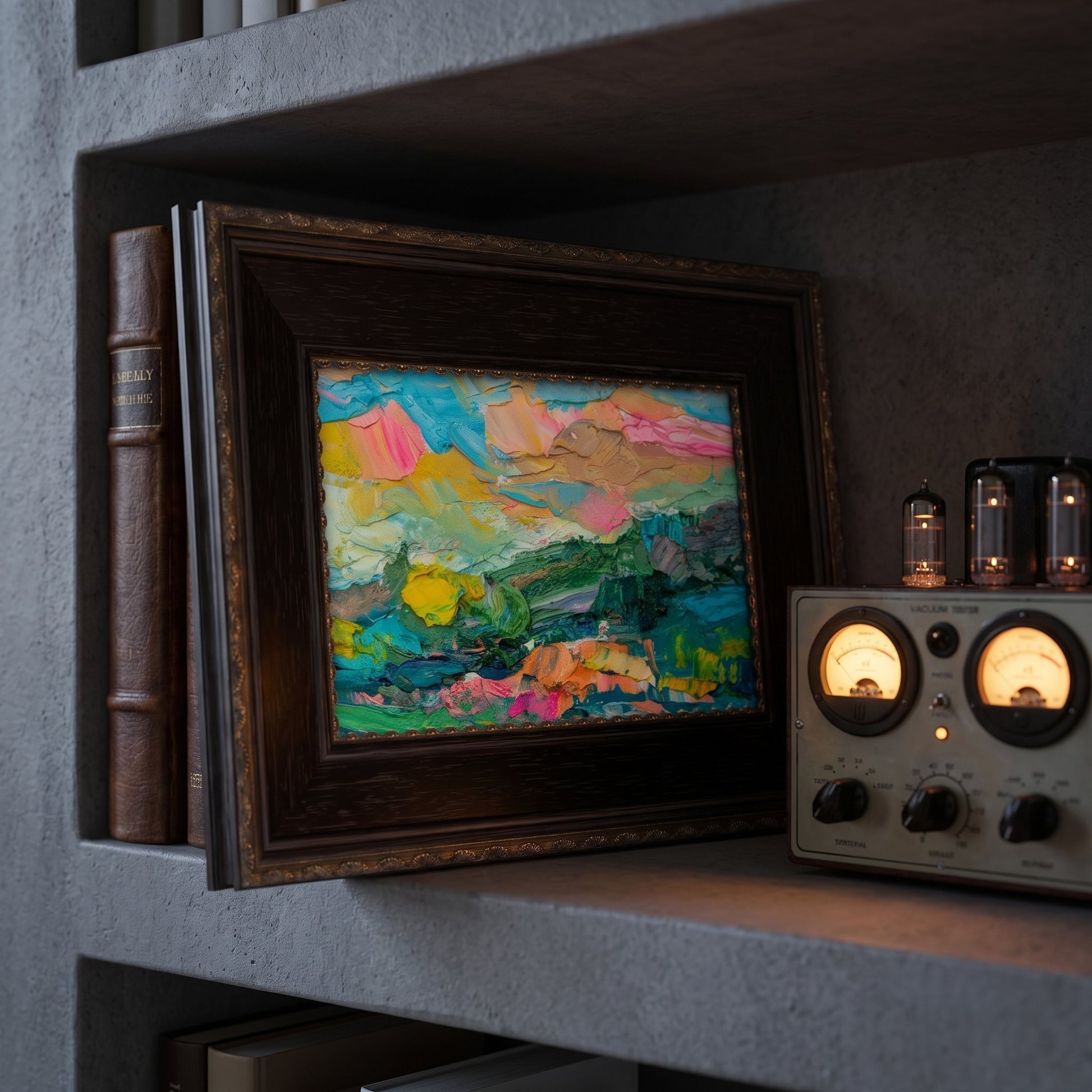 Industrial loft study — vibrant Expressionist landscape adds color and emotion to a minimalist tech-inspired space