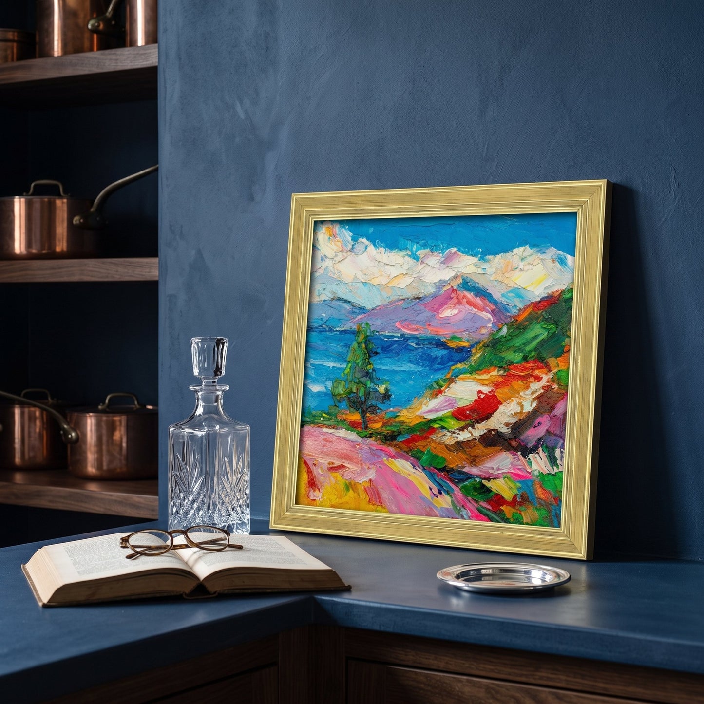 Modern kitchen, industrial-chic — vibrant expressionist landscape painting adds artistic warmth and visual contrast to dark-toned space