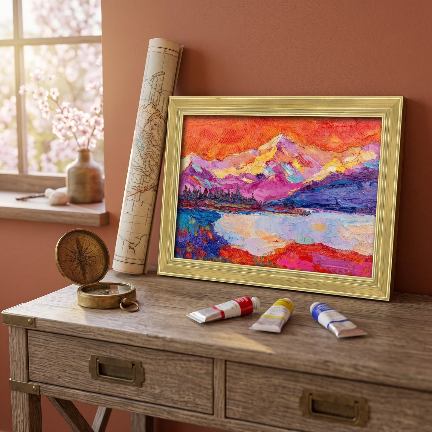 Rustic Farmhouse Study — Vibrant expressionist landscape painting elevates the space with bold color and emotional depth