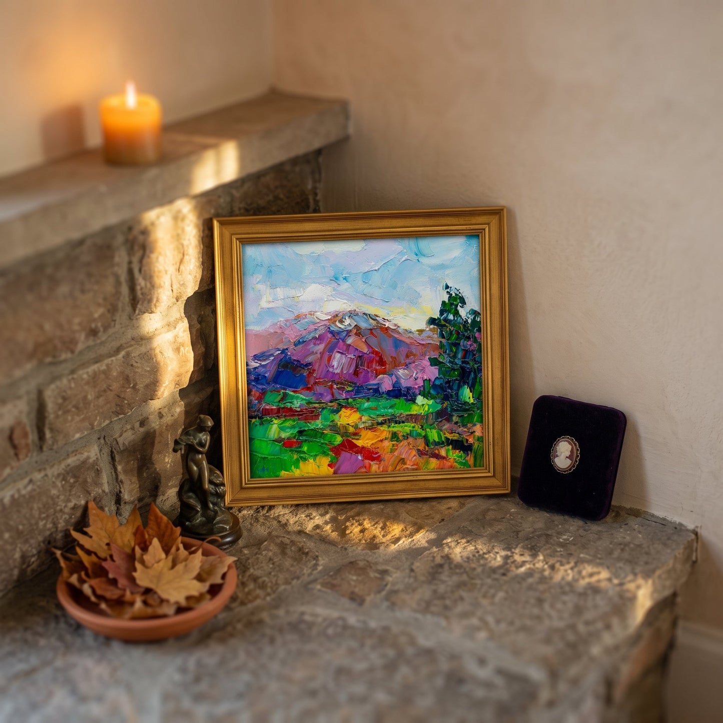 Rustic farmhouse living room — vibrant expressionist landscape painting transforms stone hearth with bold color and texture