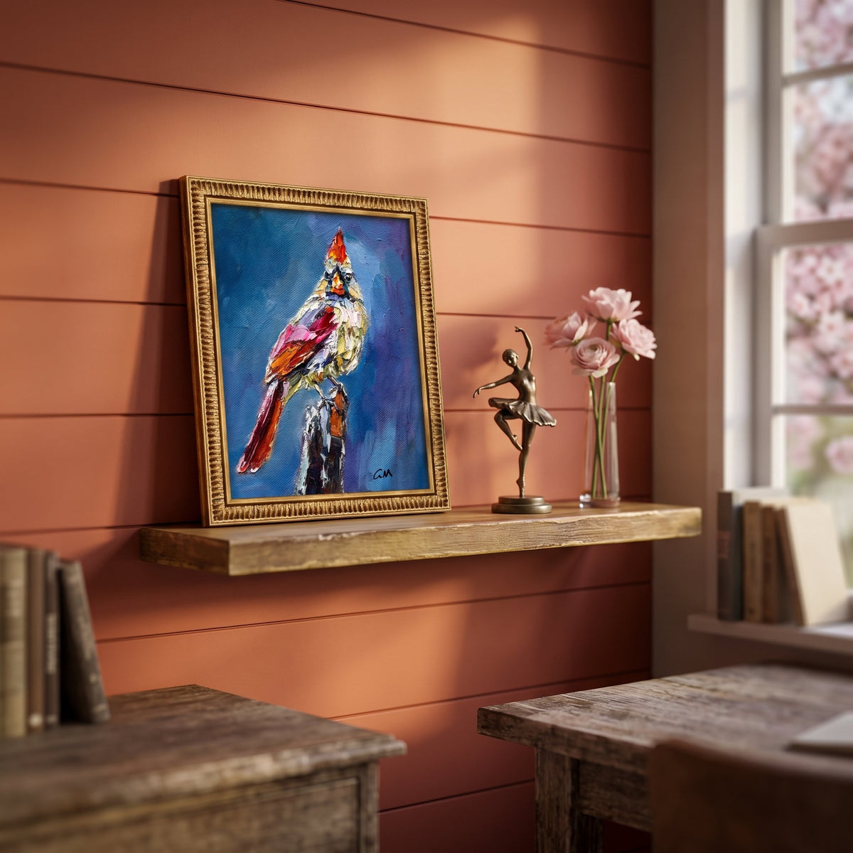 Rustic Farmhouse Study — Expressionist cardinal painting adds vibrant color and soulful artistry to warm, wood-accented space
