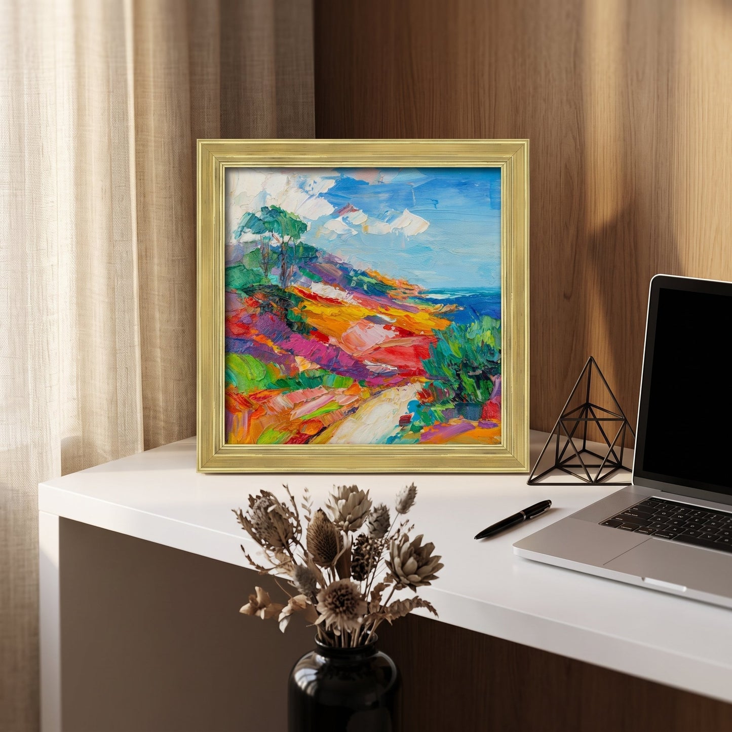 Minimalist home office — vibrant Impressionist landscape adds color and inspiration to a serene workspace