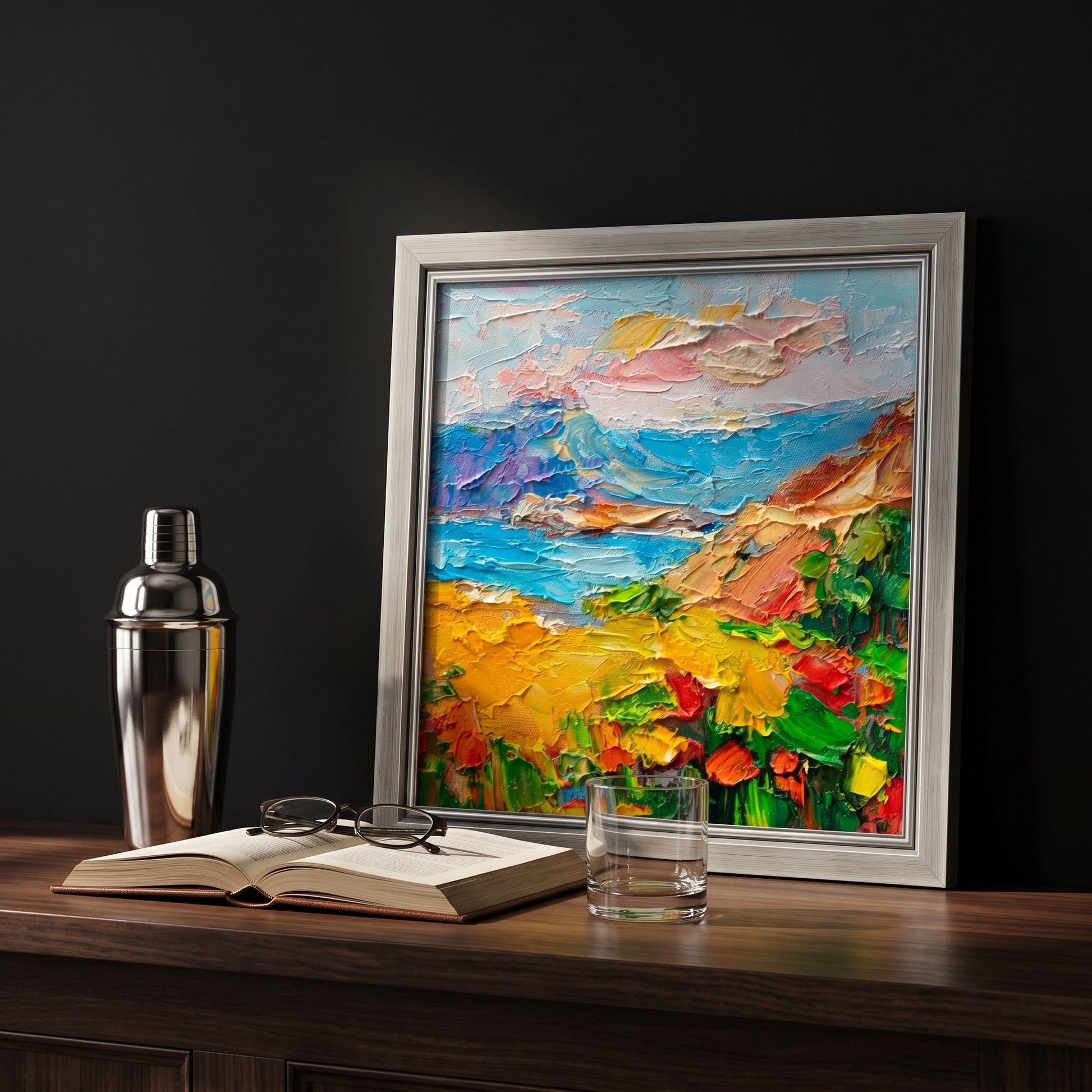 Contemporary entryway — Vibrant Impressionist landscape elevates minimalist space with bold color and texture