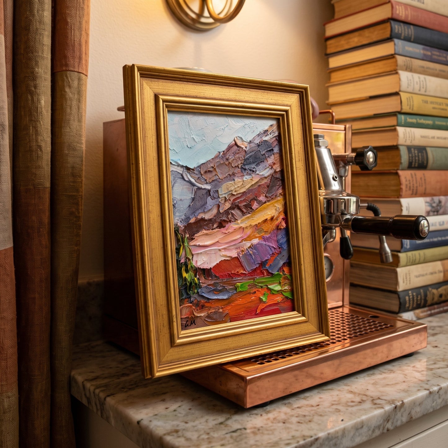 Eclectic home study — vibrant expressionist landscape painting adds bold color and artistic depth to a warm, book-lined space