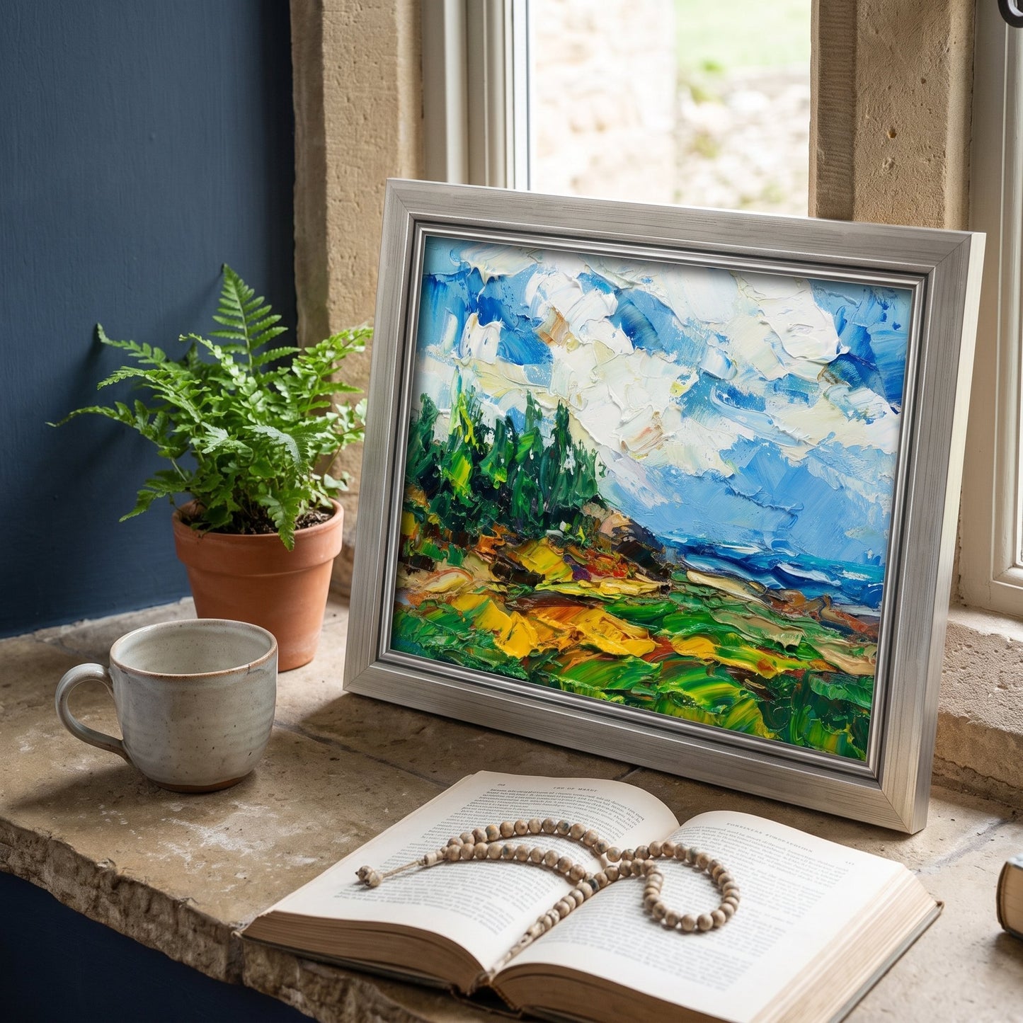 Contemporary rustic bedroom reading nook — vibrant Impressionist landscape elevates tranquil space with bold color and textured brushwork