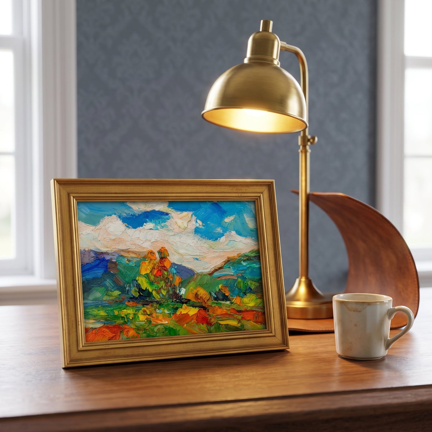 Home office, mid-century modern — vibrant Impressionist landscape painting adds color and warmth as a focal point on wooden desk