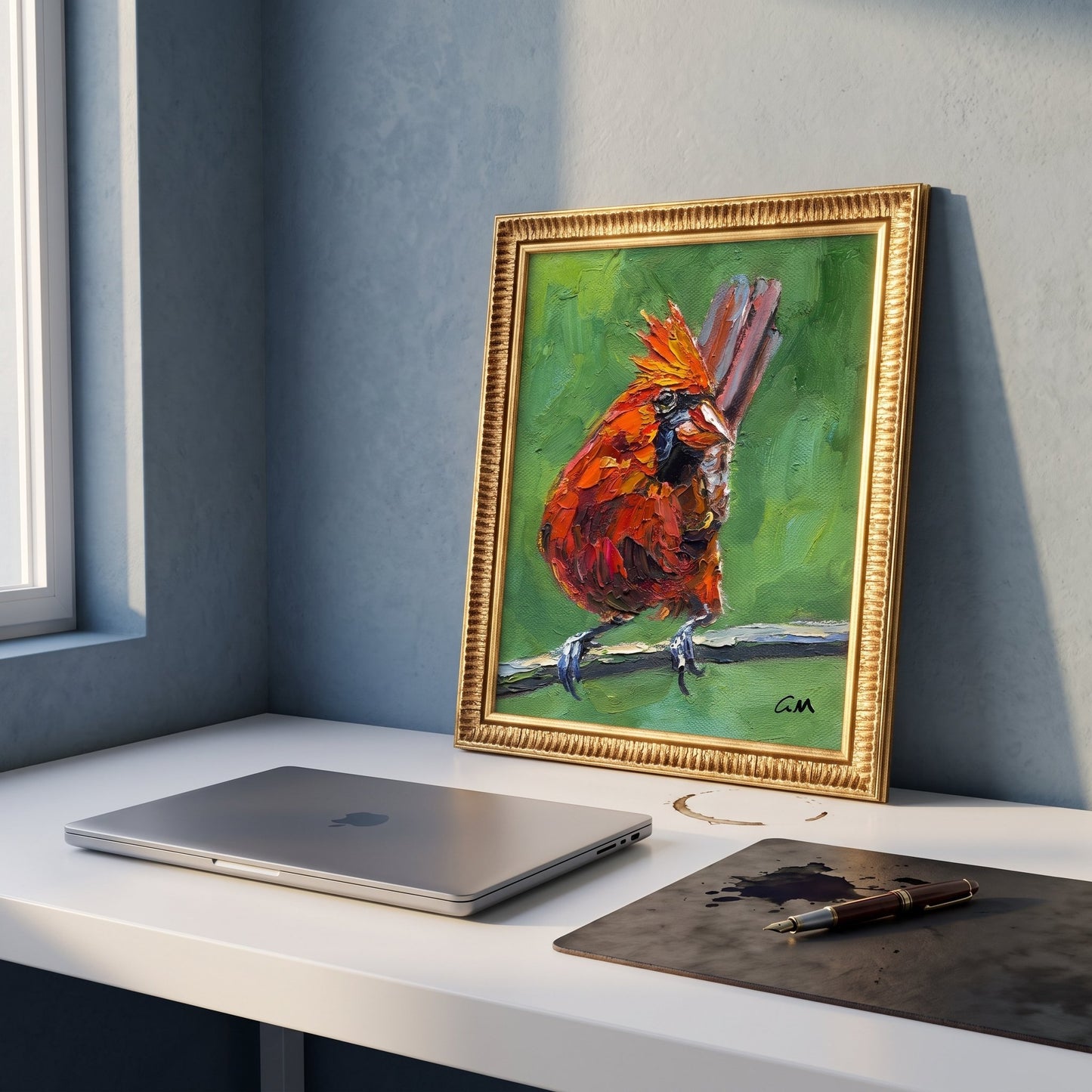 Minimalist home office — Vibrant expressionist cardinal painting adds color and life to a serene workspace