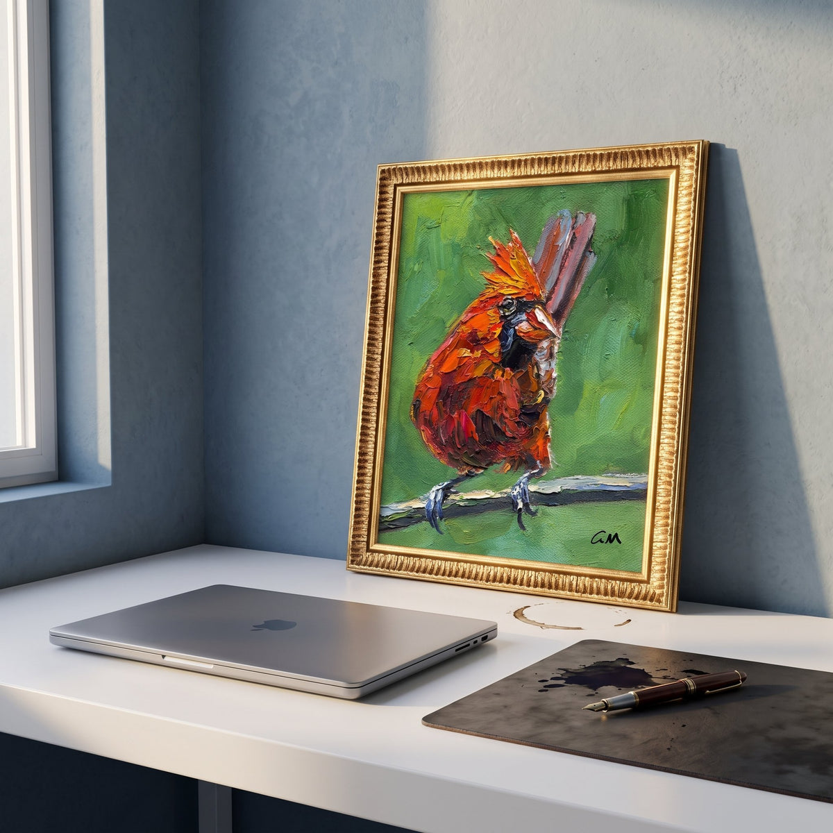 Minimalist home office — Vibrant expressionist cardinal painting adds color and life to a serene workspace