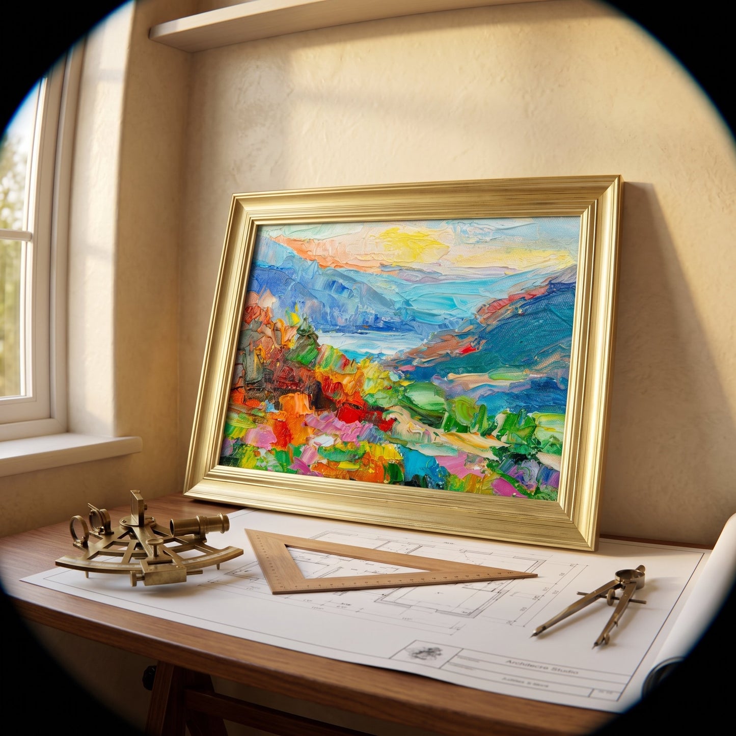 Study, vintage-inspired — vibrant expressionist landscape painting transforms workspace into an inspiring artistic retreat