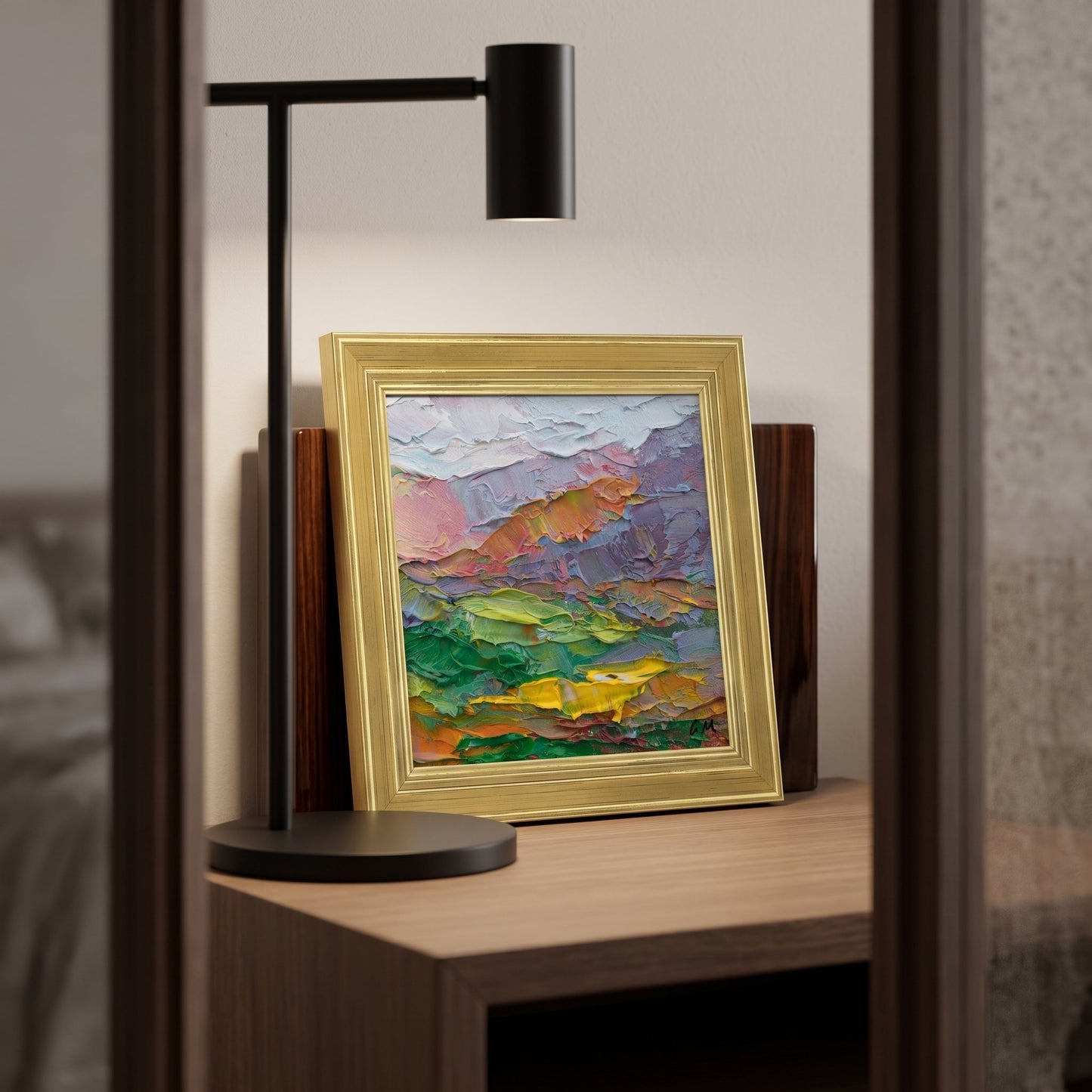 Contemporary bedroom — Expressive landscape painting adds vibrant color and texture to a minimalist space