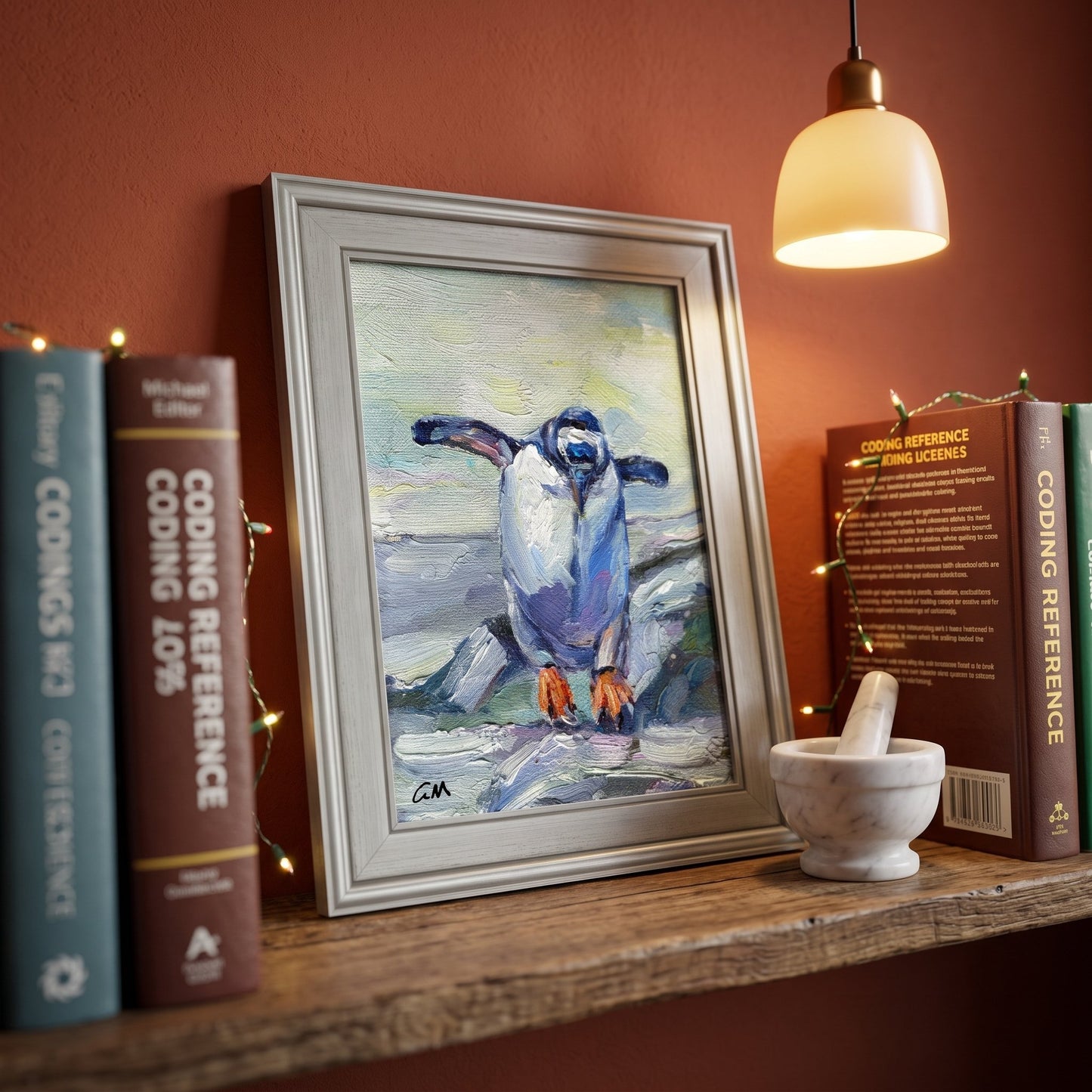 Contemporary home office — original Impressionist penguin painting adds whimsy and warmth to rustic workspace