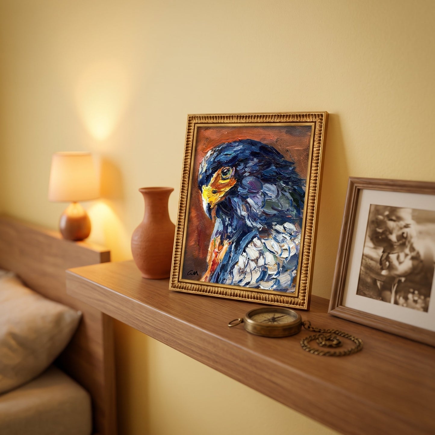 Rustic farmhouse bedroom — expressive bird portrait elevates warm, earthy space with bold color and texture
