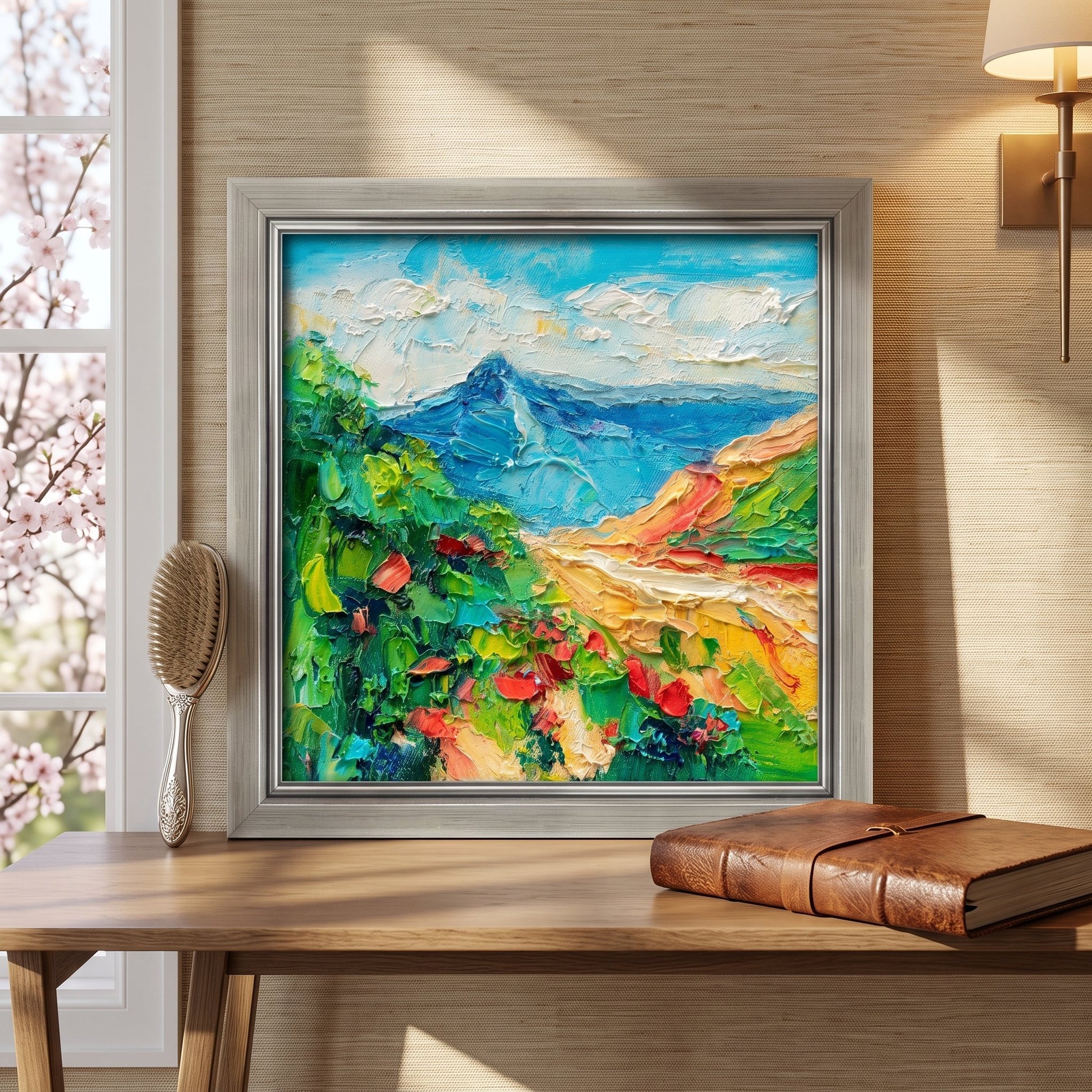 Contemporary bedroom — Vibrant Impressionist landscape elevates neutral space with bold color and texture