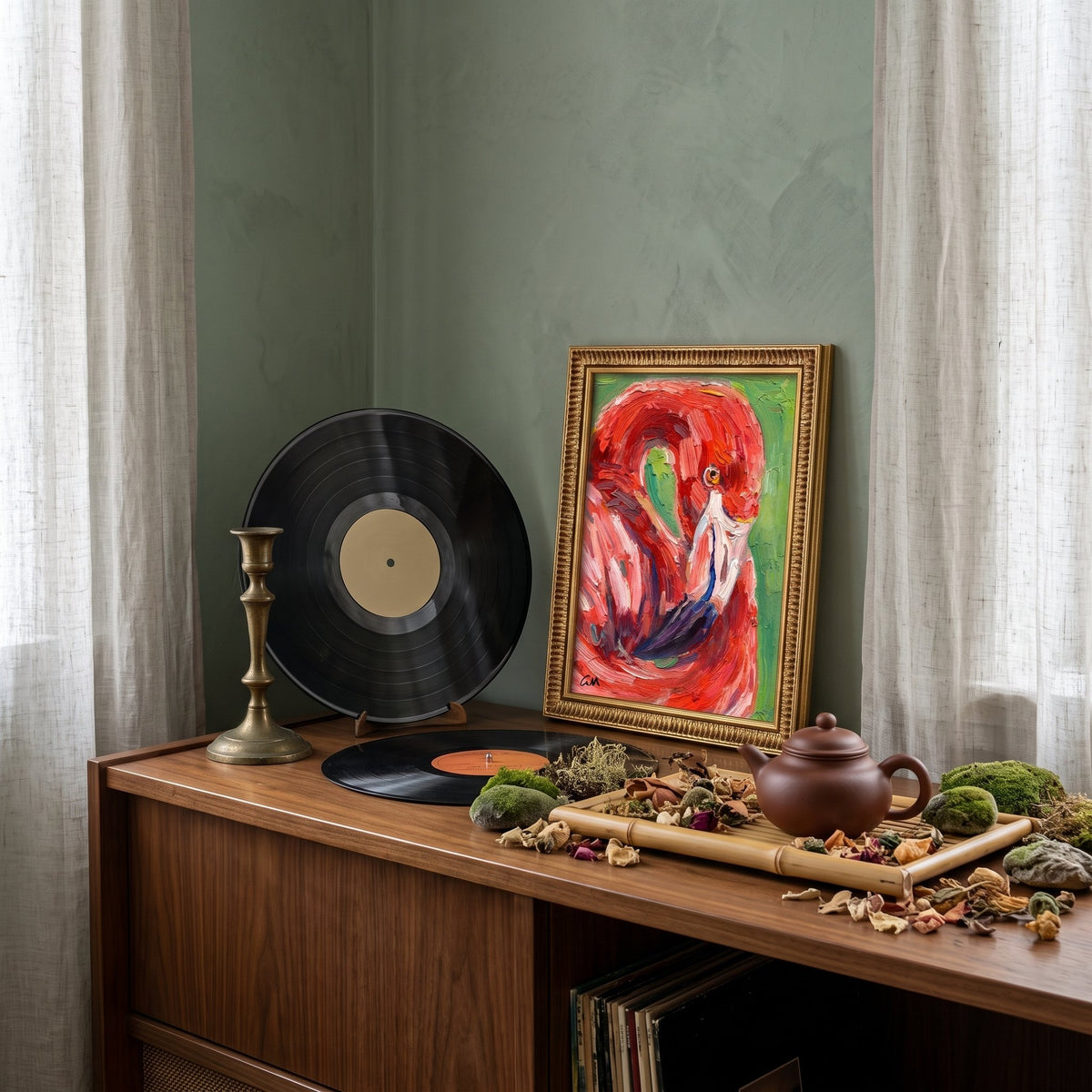 Mid-century modern living room — expressive flamingo artwork adds vibrant color and artistic energy to a serene, nature-inspired space