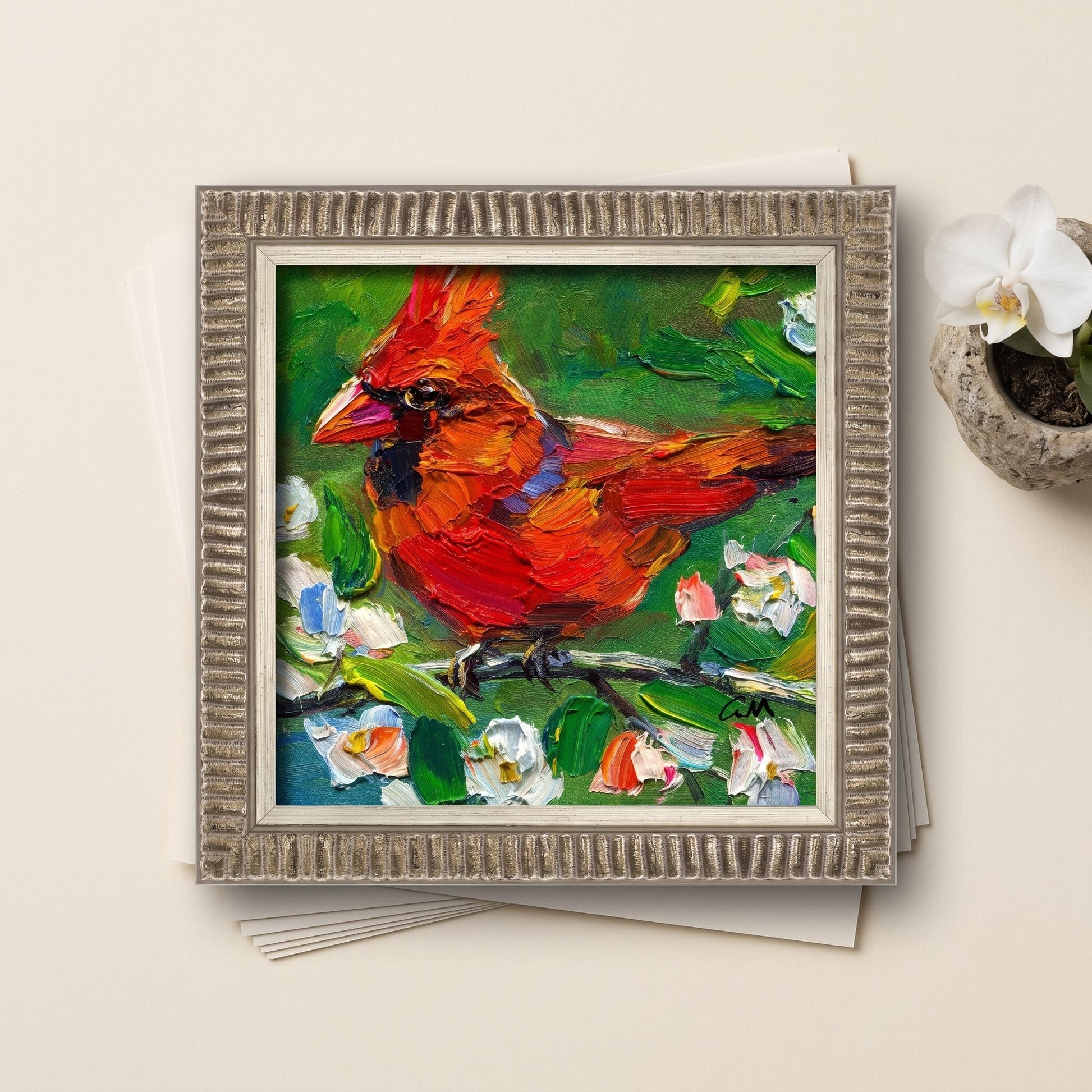Contemporary living room — Vibrant cardinal painting adds warmth and artistic energy to neutral space
