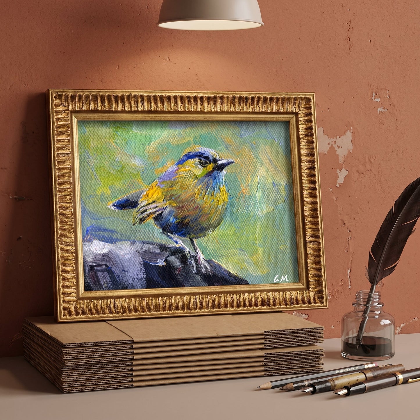 A colorful oil painting of a blue and yellow bird perched on stone, displayed in a gold frame atop stacked cardboard boxes in a rustic study.