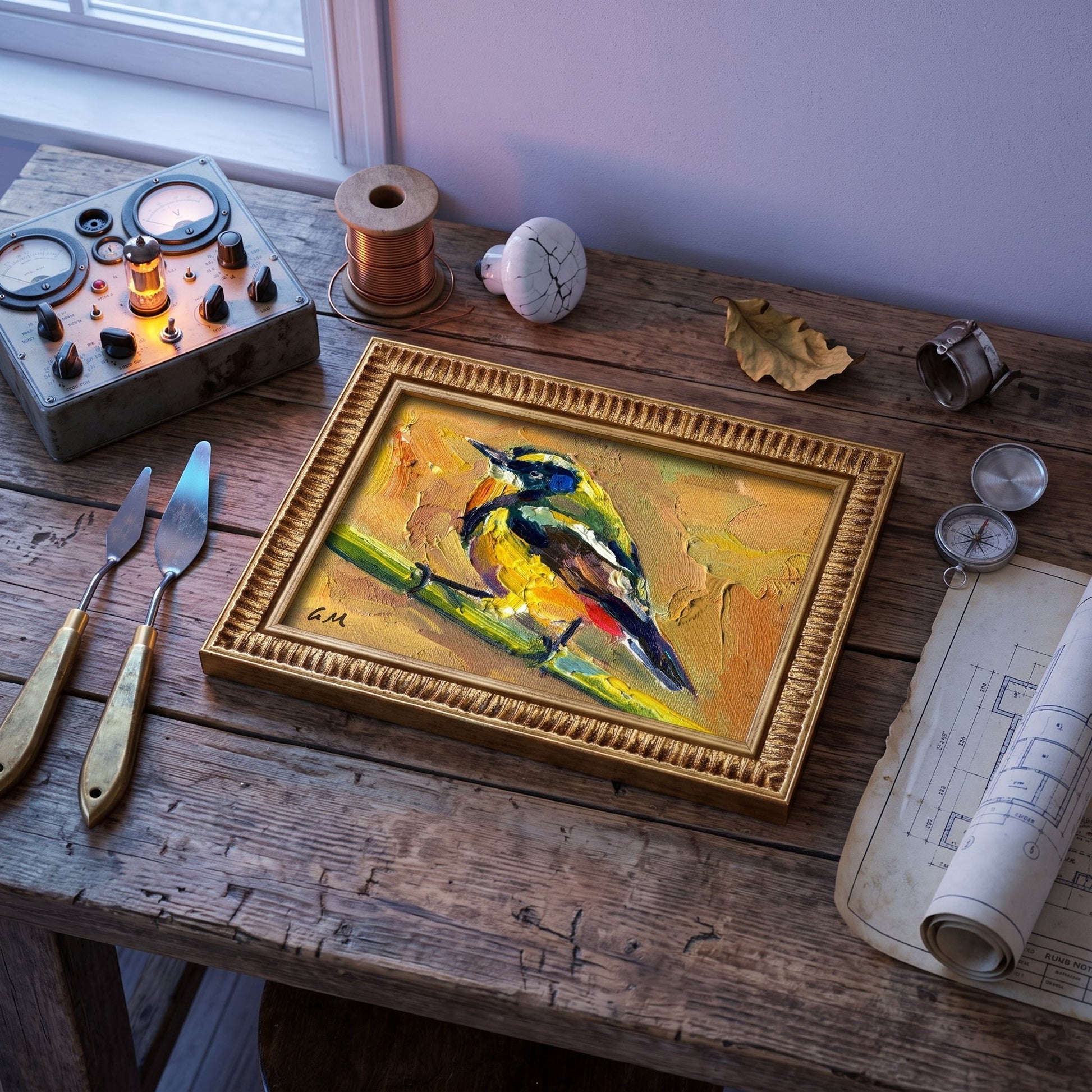 A vividly painted bird perched on a branch, rendered in textured oil on canvas, sits centered on a rustic workbench beside vintage tools and blueprints, framed in gold.