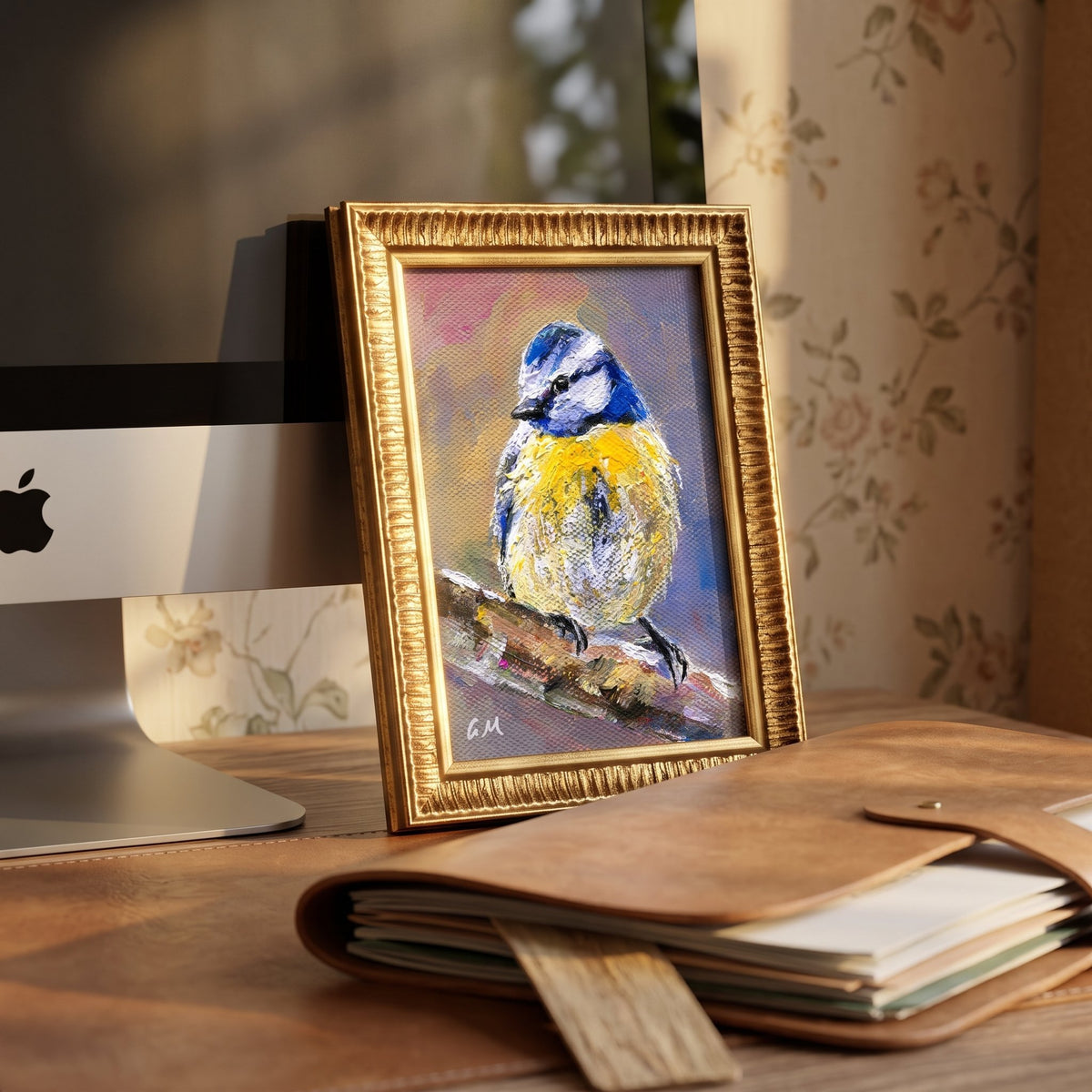 A vibrant blue and yellow bird painting in a gold frame rests on a wooden desk beside a laptop and leather journal, bathed in morning light.