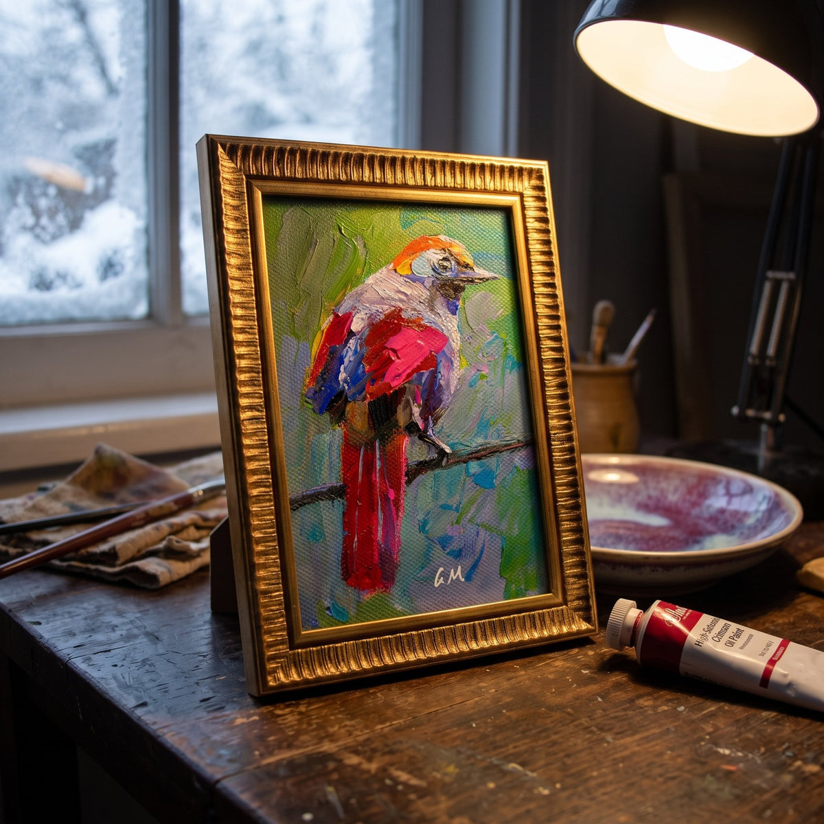 A vividly painted bird perched on a branch, rendered in bold red, blue, and green hues, sits in a gold frame on a rustic artist's desk beside a tube of crimson oil paint.