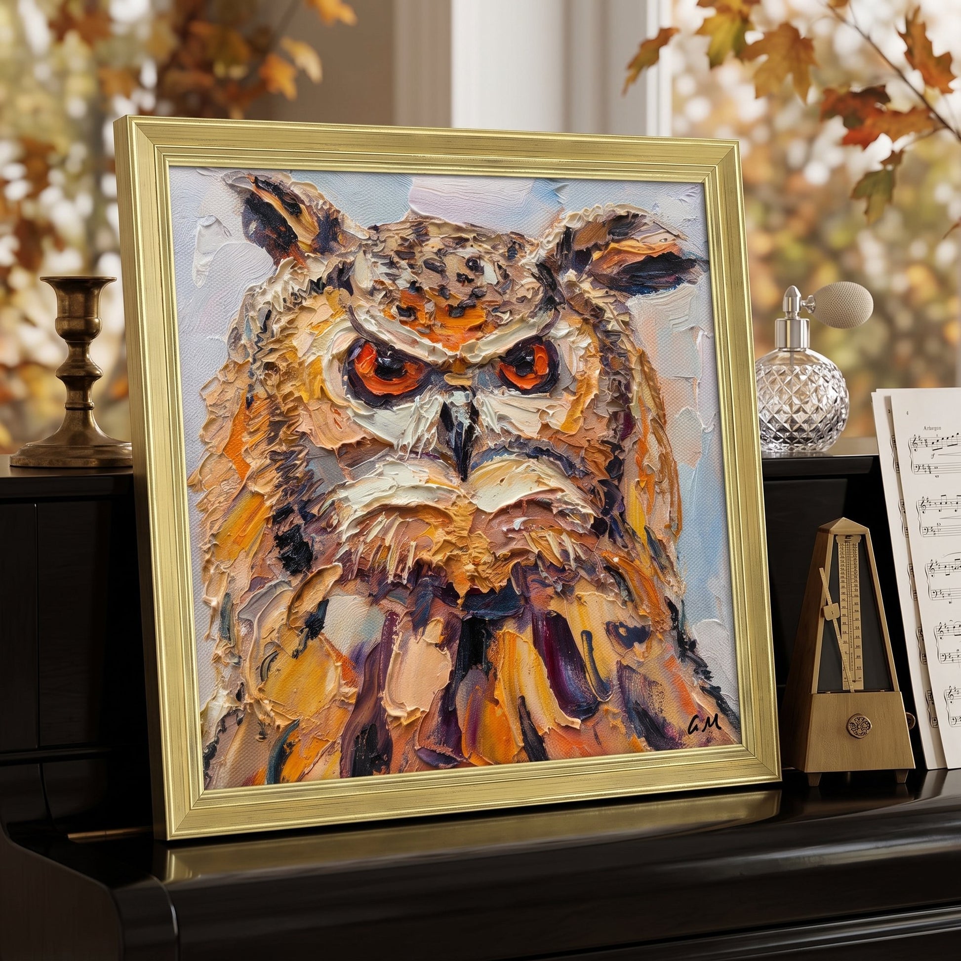 A vividly textured oil painting of an owl with piercing orange eyes rests on a piano in a sunlit music room, framed in gold.