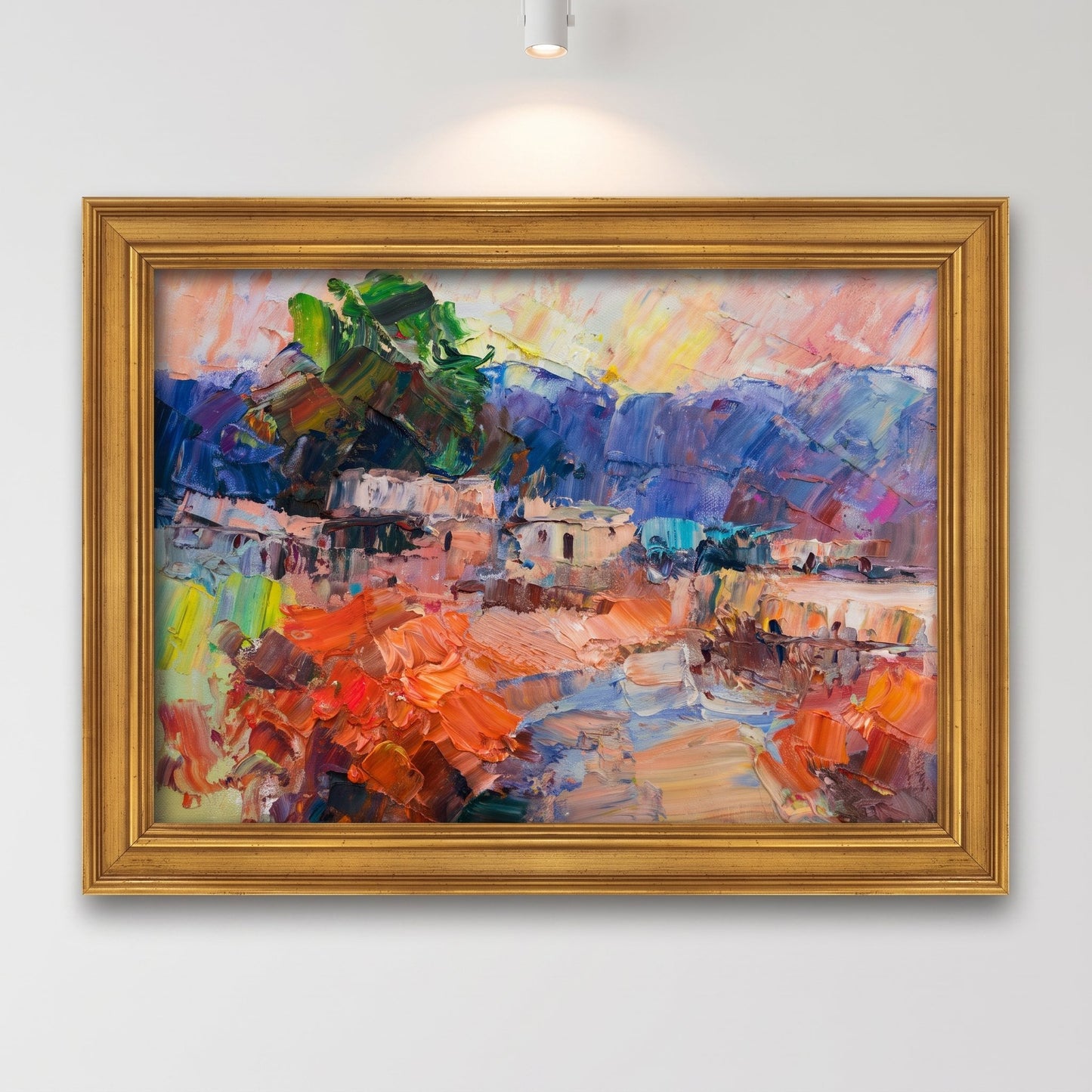 Contemporary living room — Expressive landscape painting adds vibrant color and emotion to minimalist space