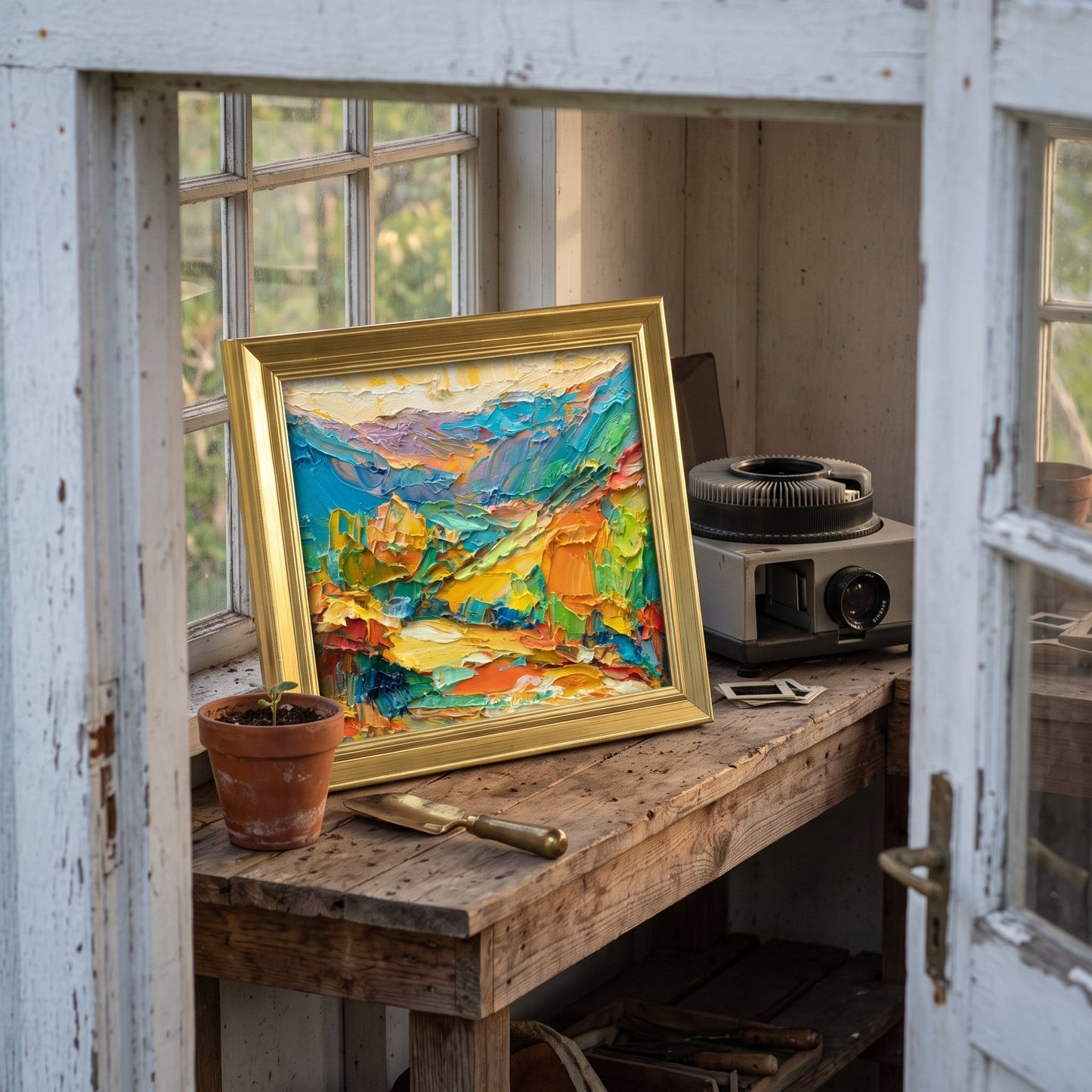 Rustic Farmhouse Shed — Vibrant expressionist landscape painting elevates the space with bold color and texture