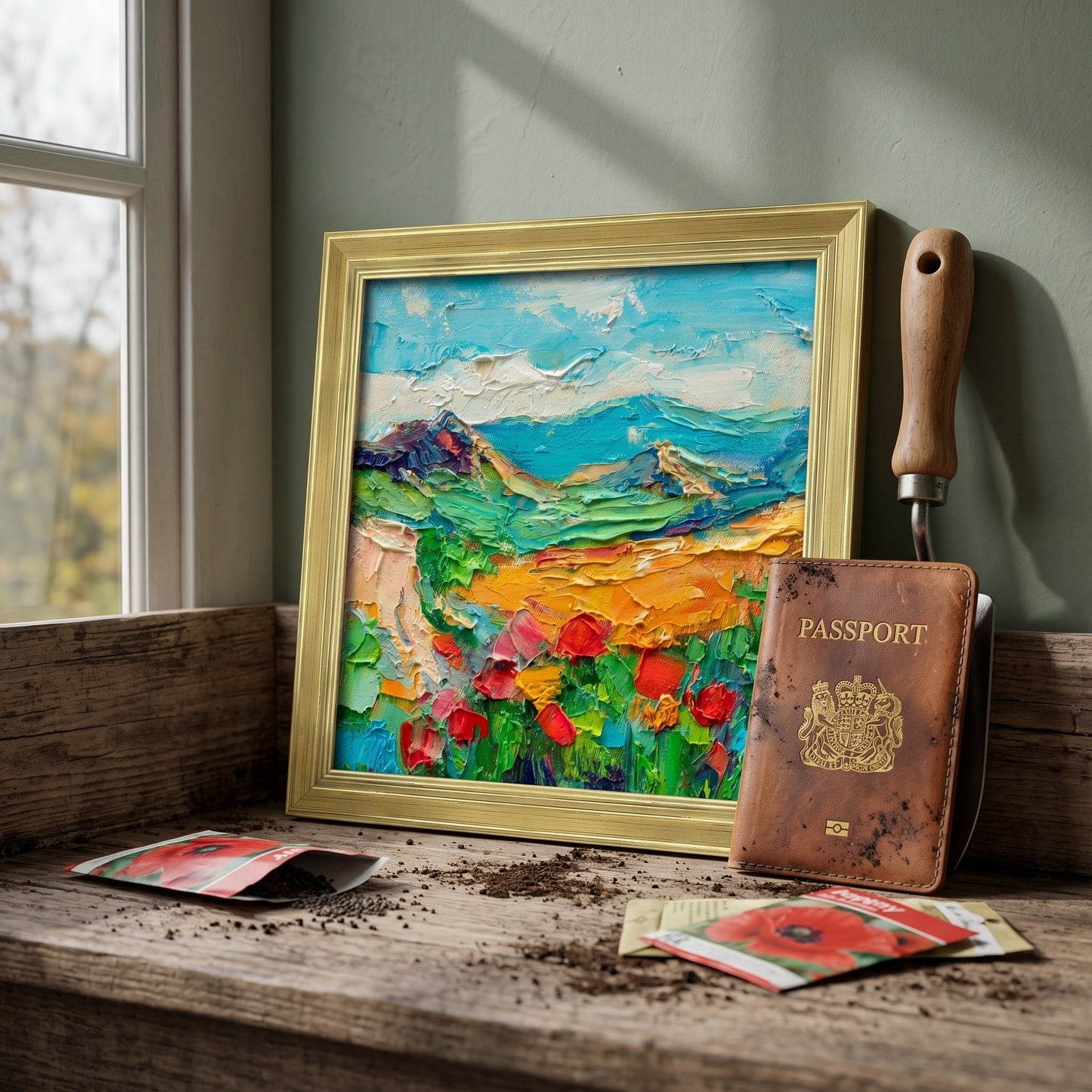 Rustic Farmhouse Entryway — Vibrant Impressionist Landscape Adds Warmth and Wanderlust to Cozy Space