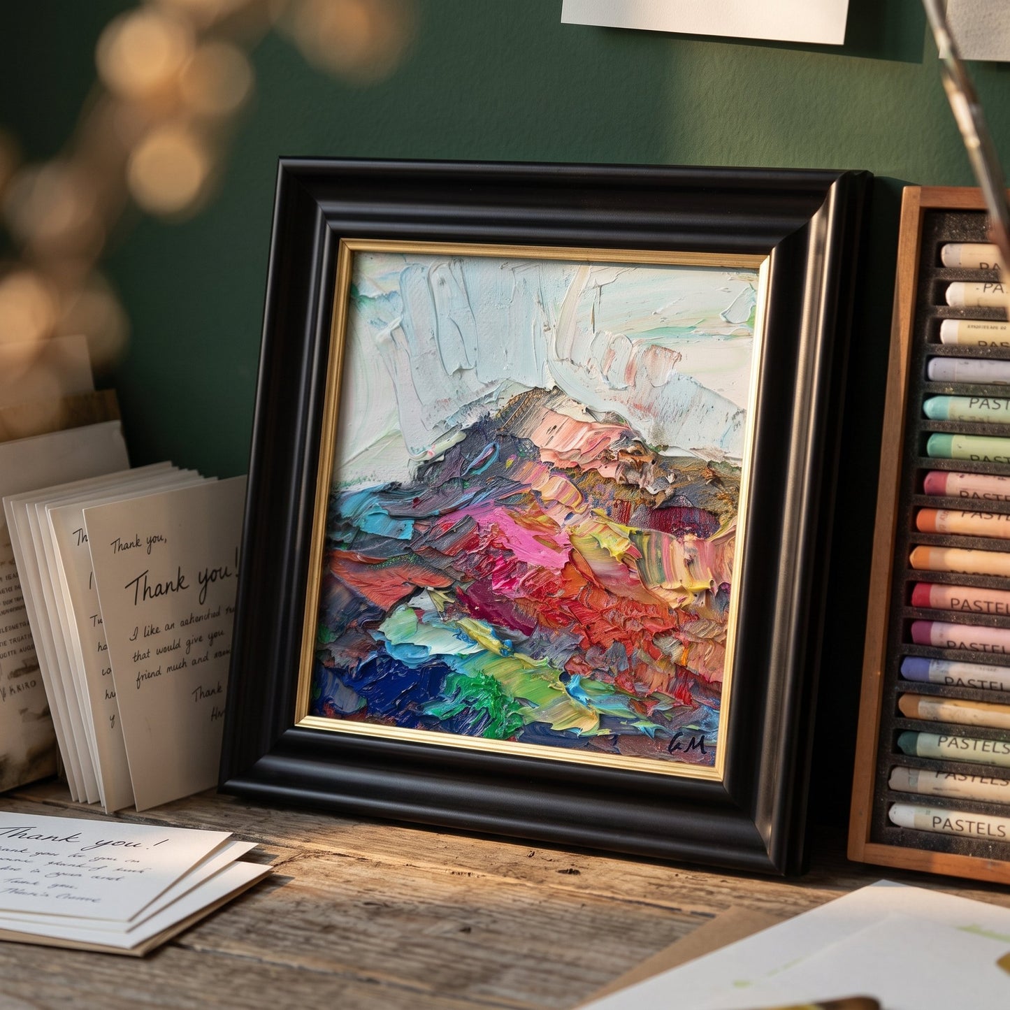 Rustic farmhouse study — vibrant Expressionist landscape painting adds bold color and texture to a warm, creative workspace