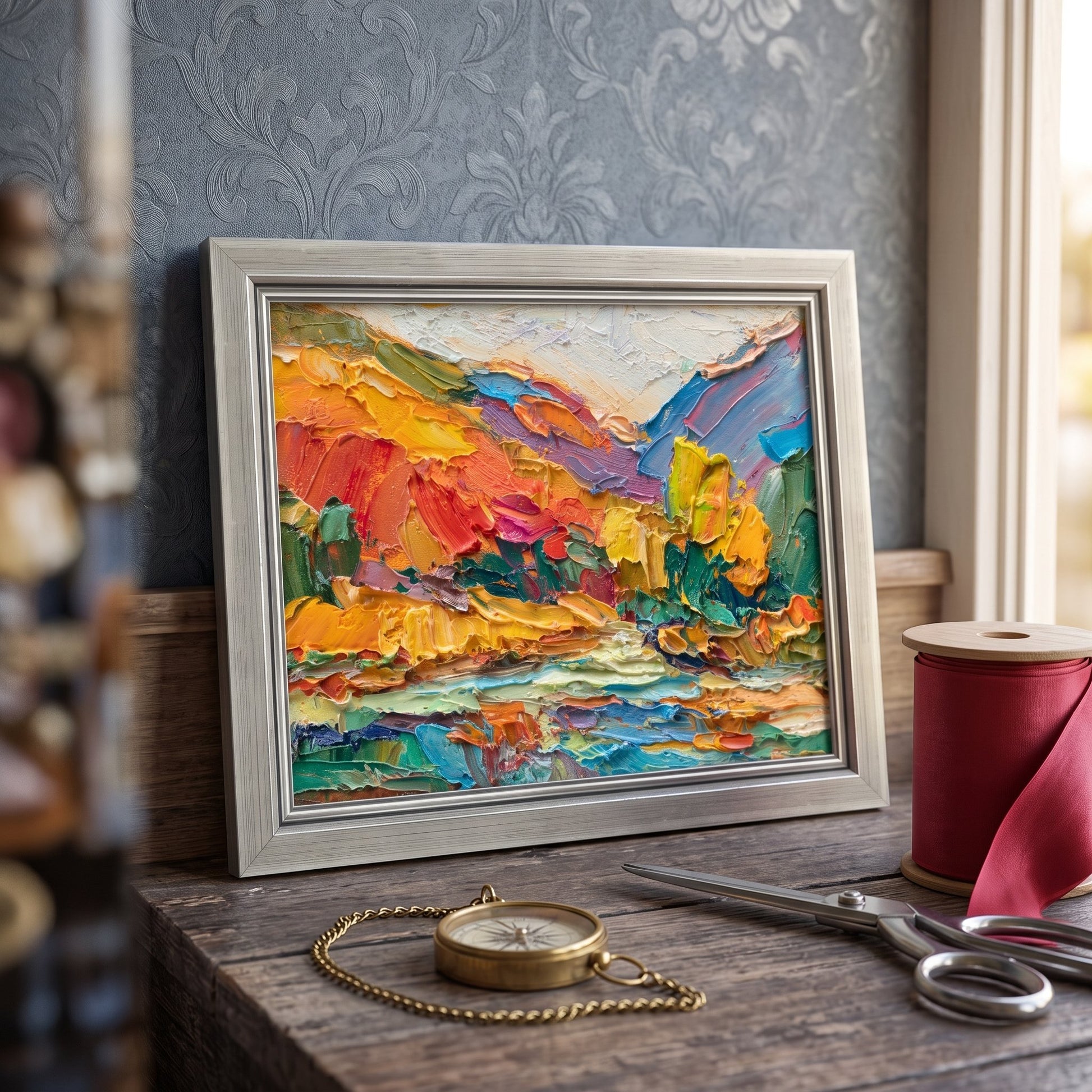 Rustic Farmhouse Study — Vibrant Expressionist Landscape Elevates the Space with Bold Color and Textured Energy