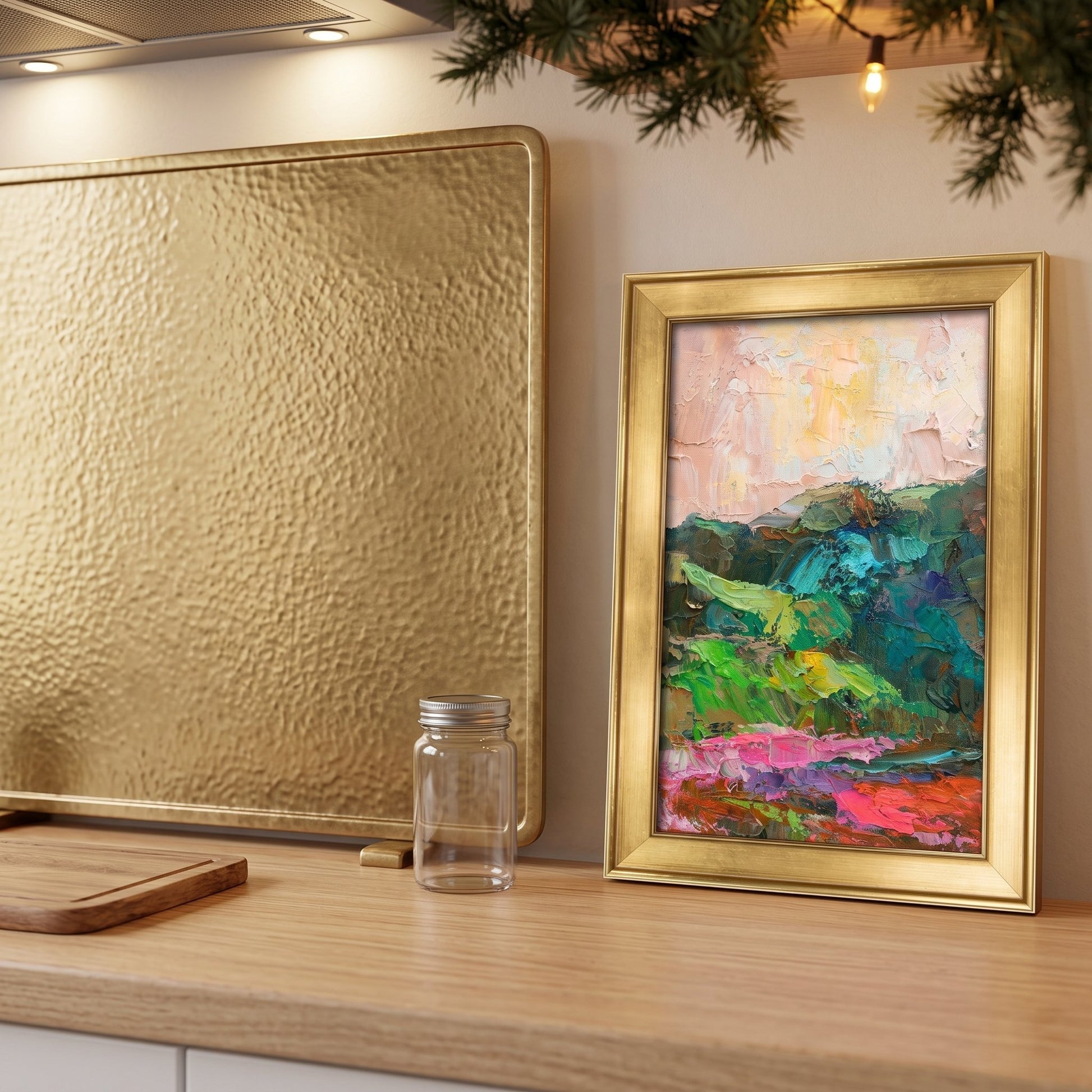 Modern kitchen, minimalist decor — vibrant expressionist landscape painting adds color and energy to the space