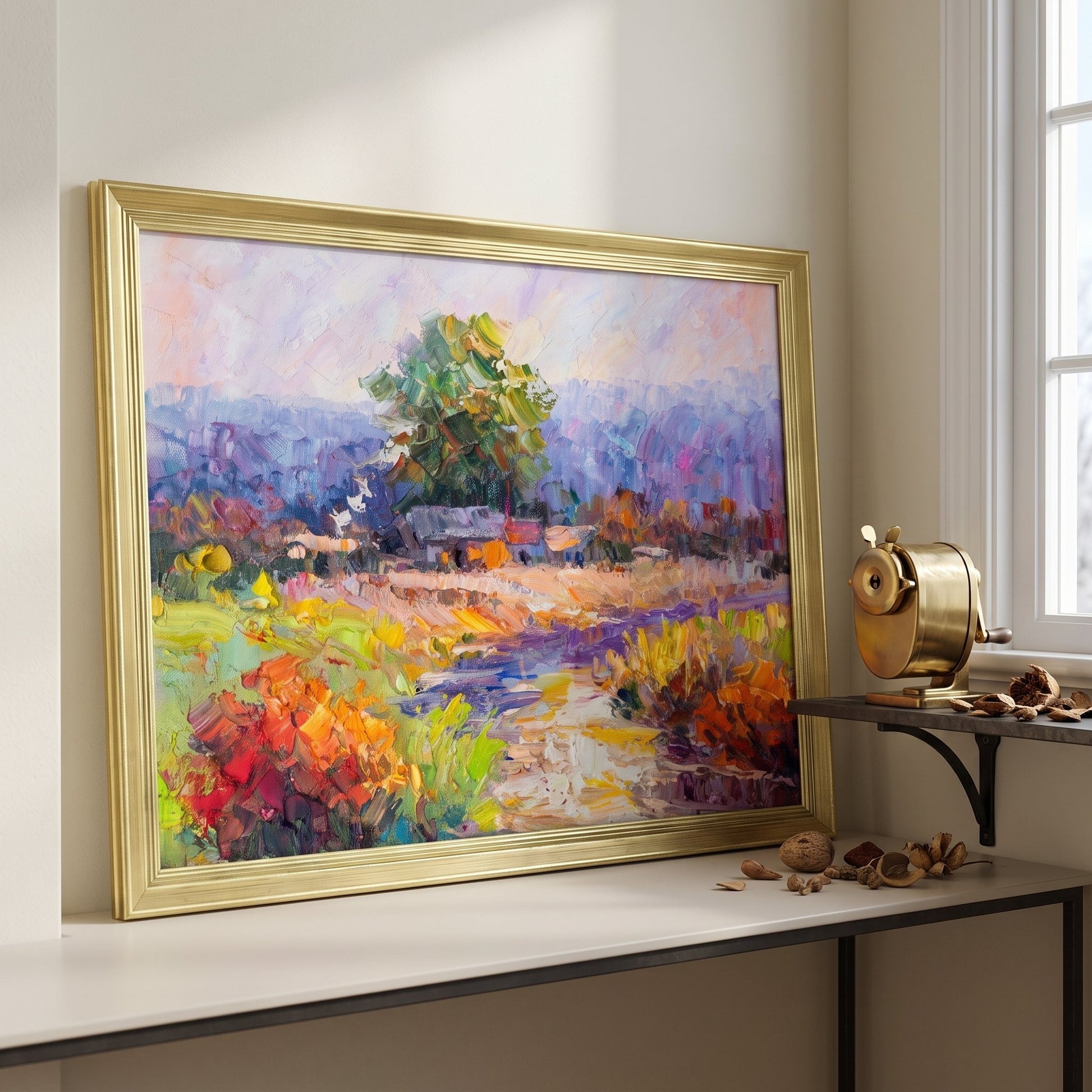 Contemporary living room — Vibrant Impressionist landscape elevates minimalist space with bold color and texture