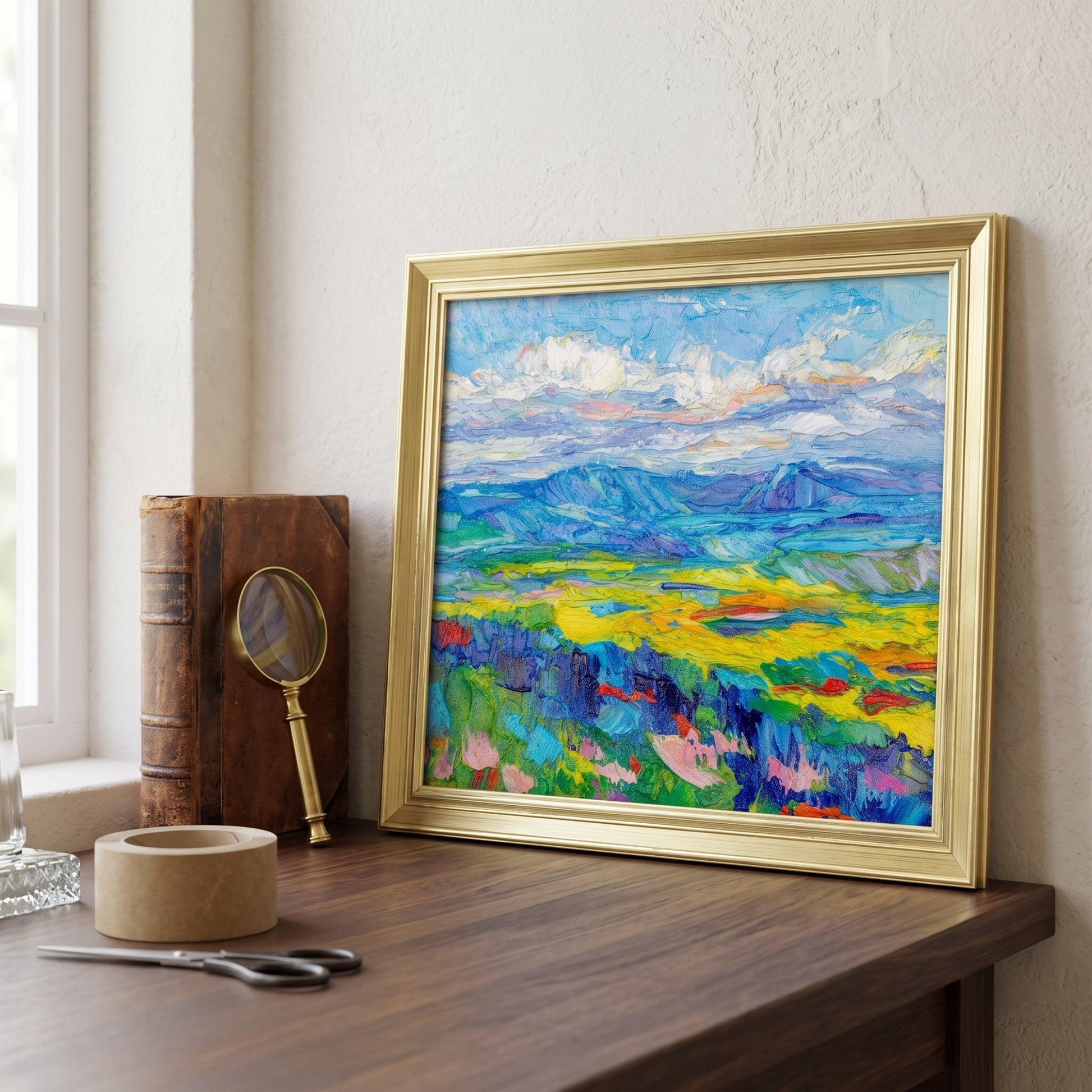 Minimalist study — vibrant Impressionist landscape transforms the space with color and artistic energy