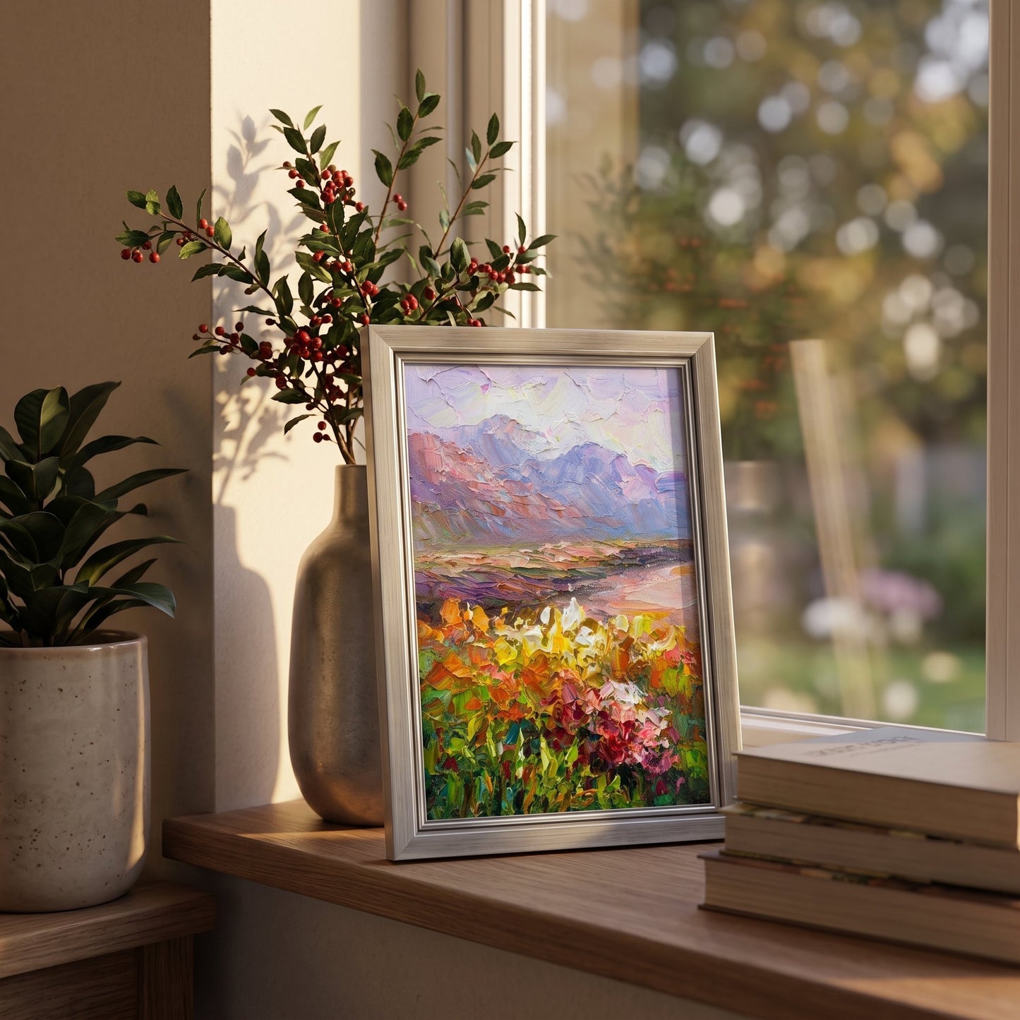 Contemporary living room — Impressionist landscape painting adds vibrant color and natural serenity to a sunlit windowsill