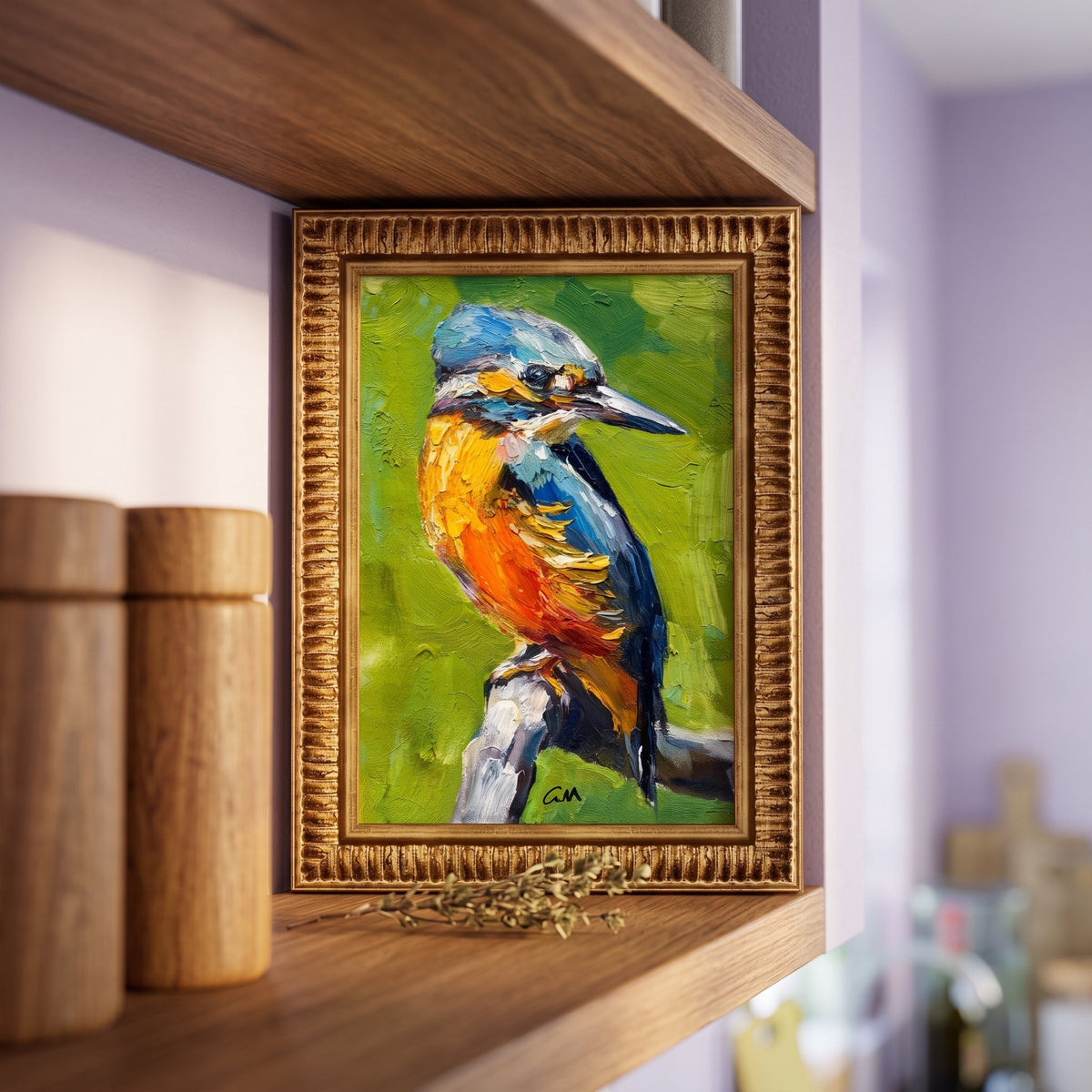 Contemporary rustic bedroom — Vibrant kingfisher painting adds color and life to a serene reading nook