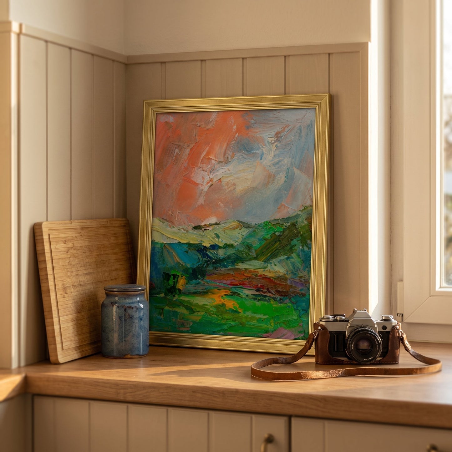 Rustic farmhouse kitchen — expressive landscape painting adds vibrant color and artistic energy to warm, natural surroundings