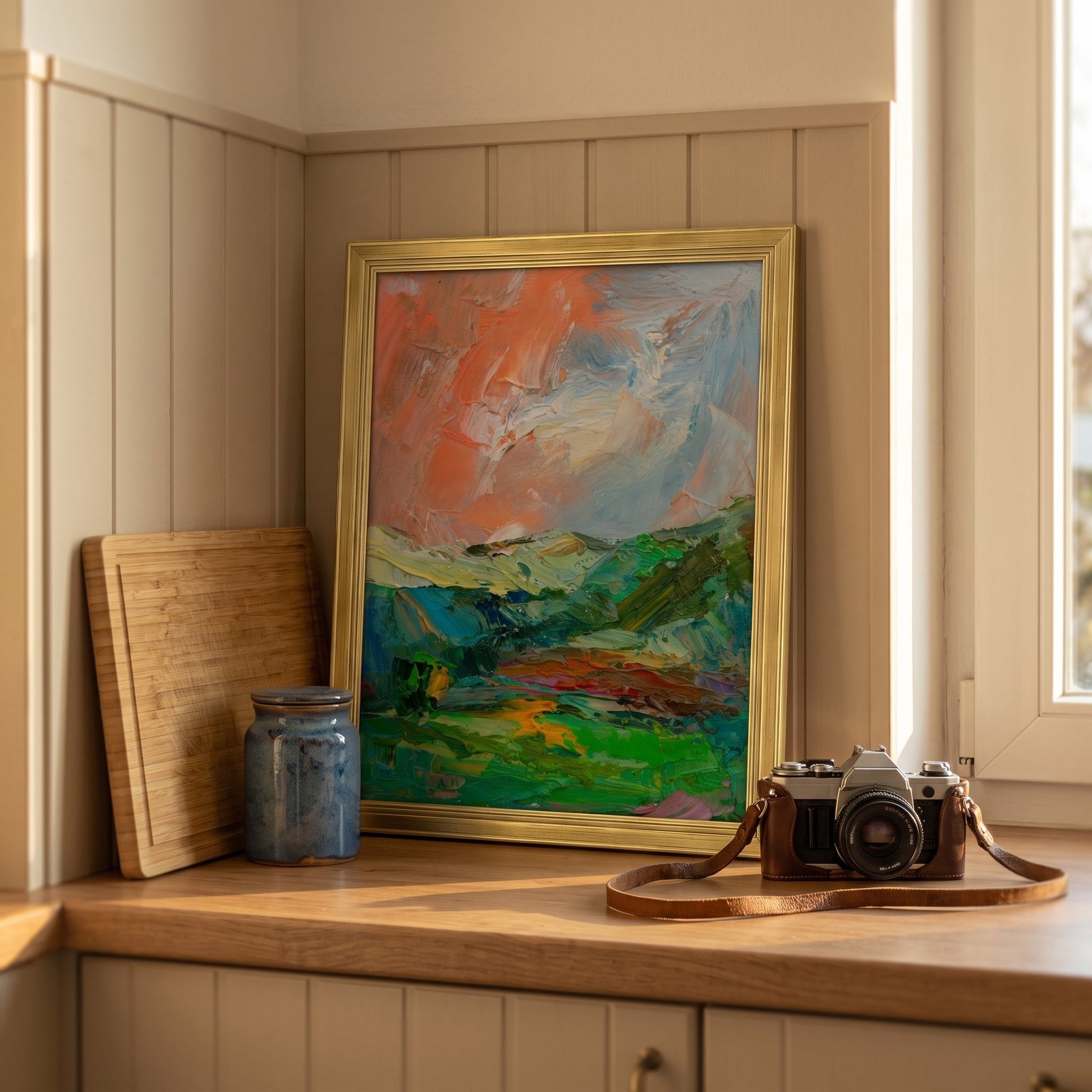 Rustic farmhouse kitchen — expressive landscape painting adds vibrant color and artistic energy to warm, natural surroundings