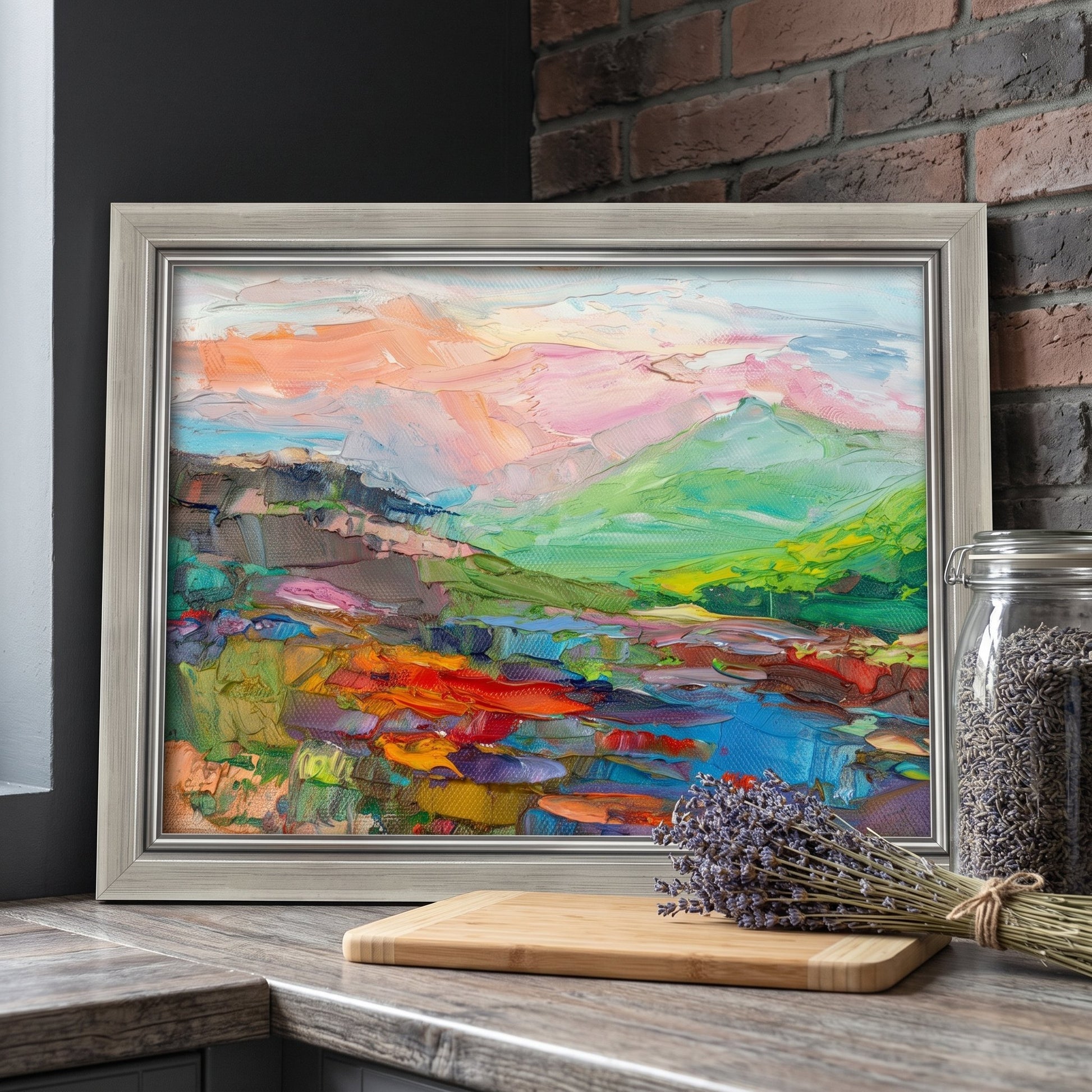Rustic Farmhouse Kitchen — Vibrant landscape painting elevates the space with expressive color and texture
