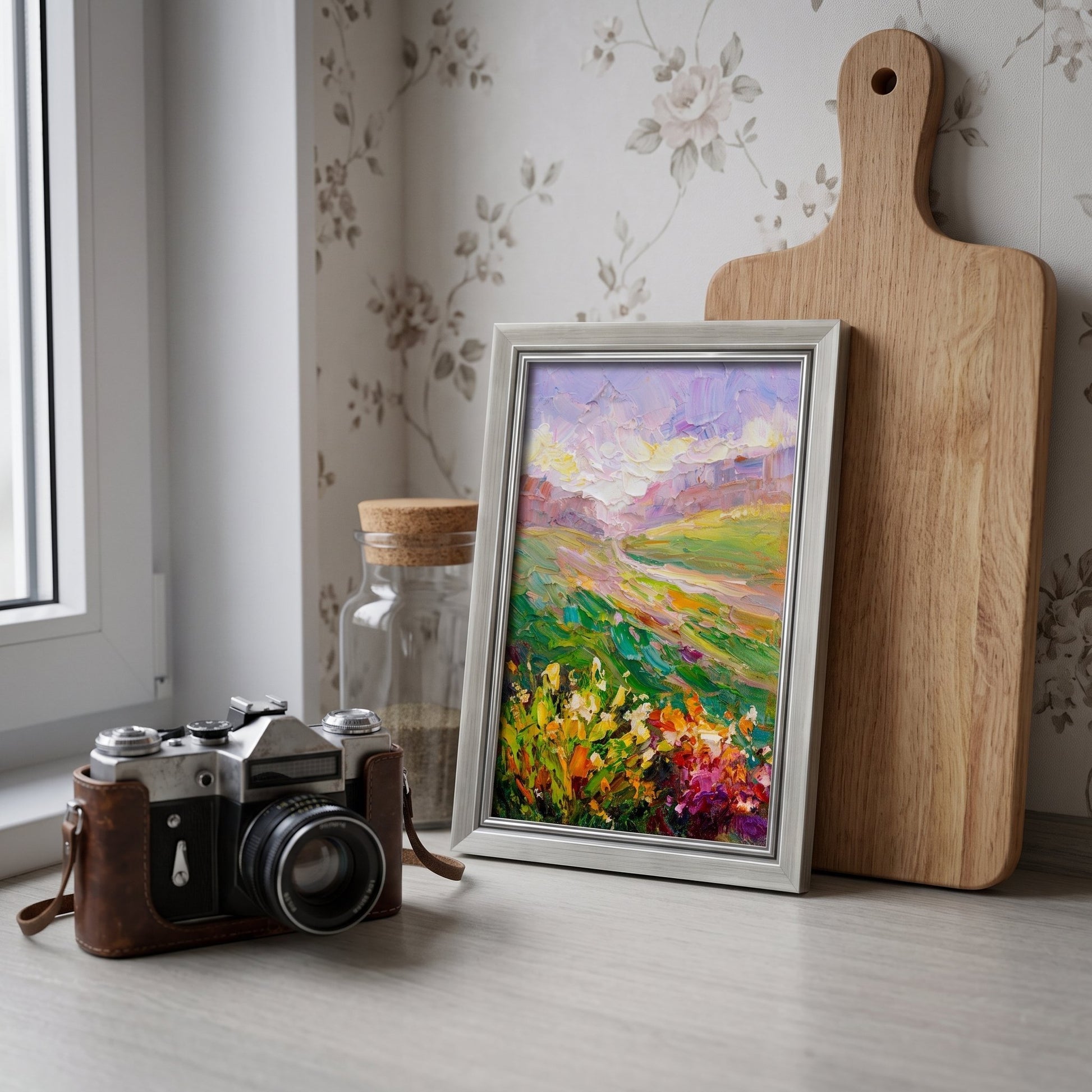Vintage kitchen nook — Impressionist landscape painting adds vibrant color and nostalgic charm to a floral-themed space