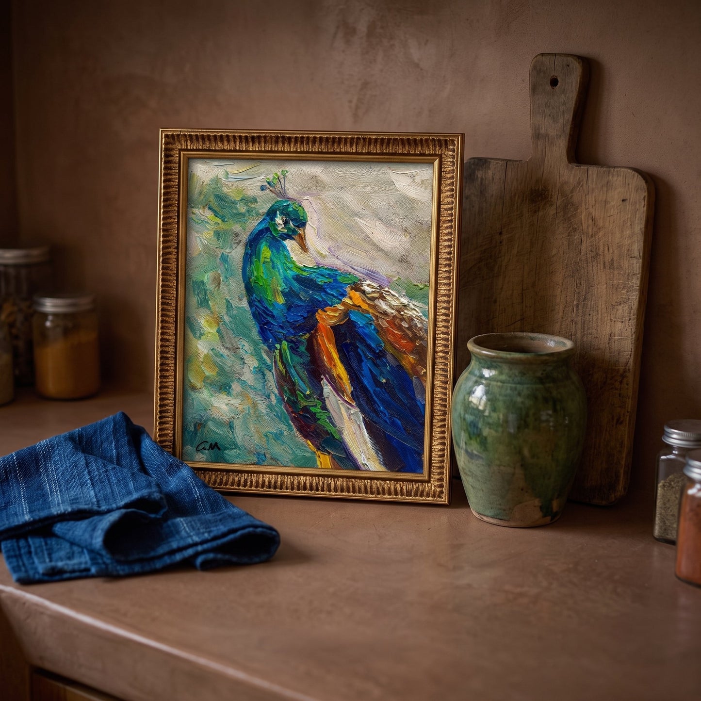 Rustic Farmhouse Kitchen — Vibrant peacock painting adds color and life to warm, earthy decor