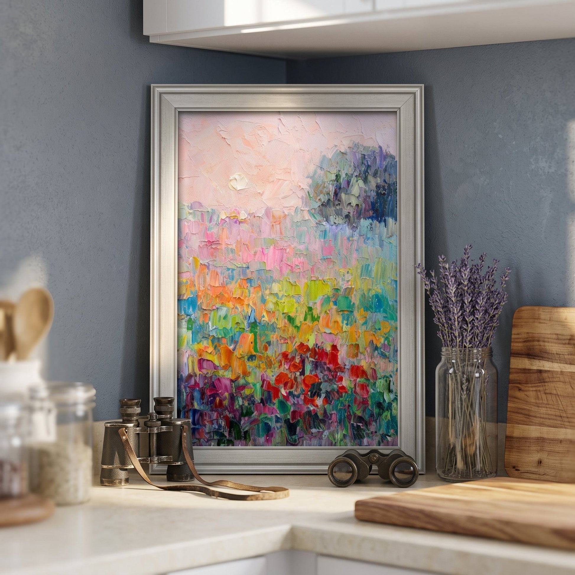 Modern Farmhouse Kitchen — Vibrant Impressionist Landscape Adds Color and Life to Rustic Space