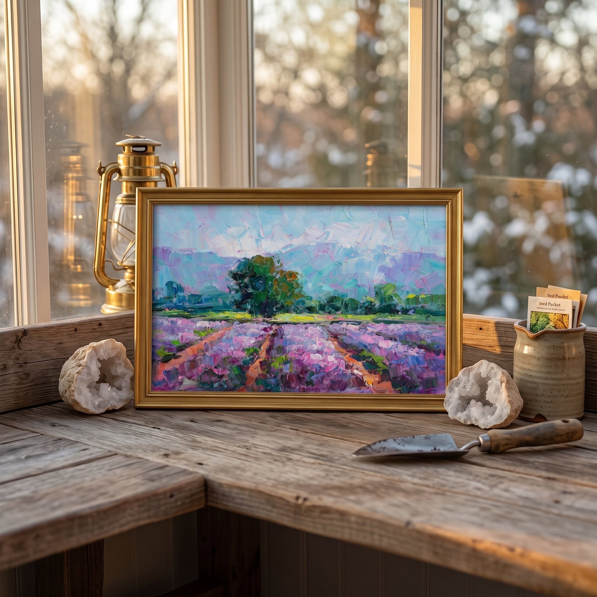 Rustic Farmhouse Sunroom — Original Impressionist Landscape Painting Elevates Natural Ambiance with Purple Lavender Fields