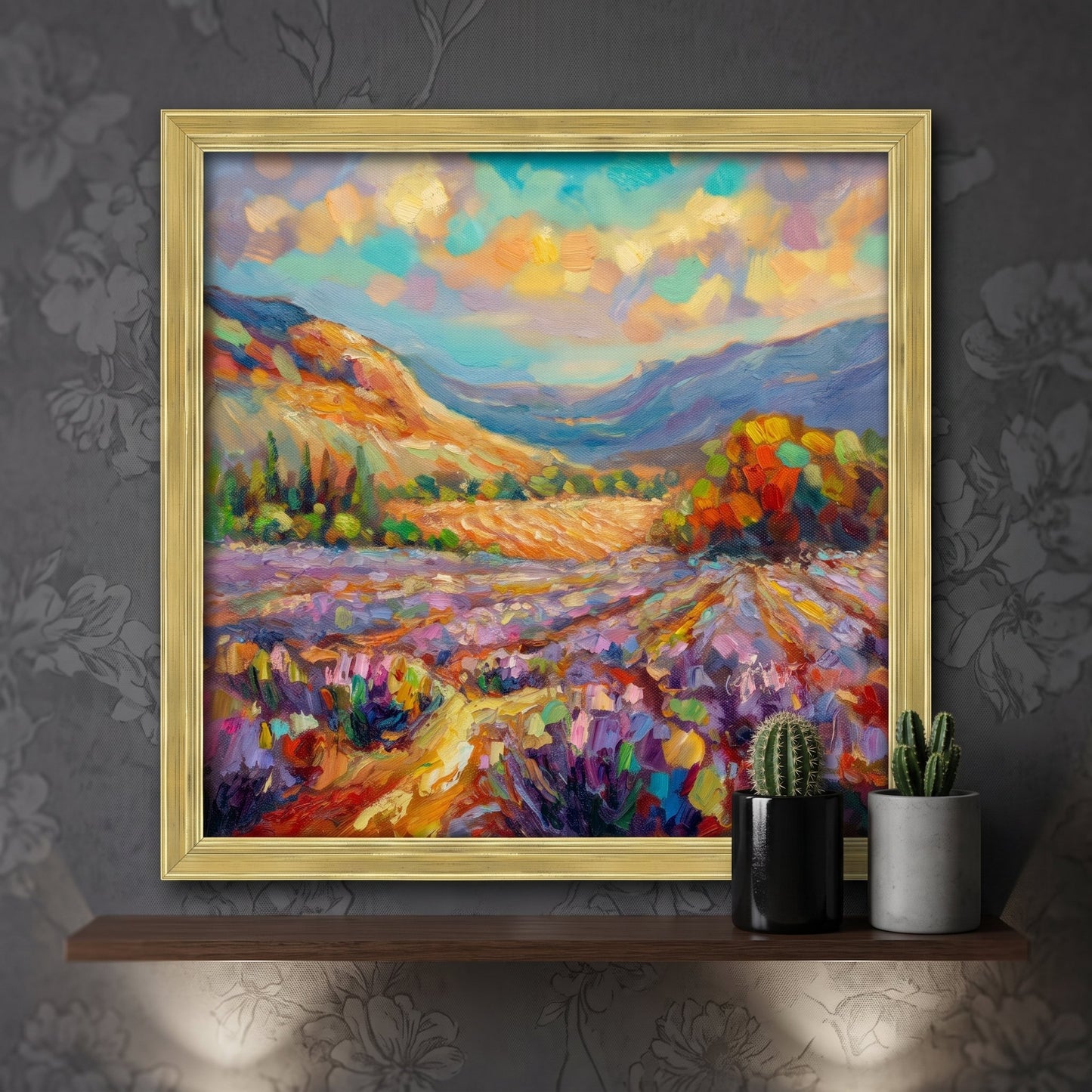 Contemporary living room — Vibrant Impressionist landscape transforms moody space with bold color and texture