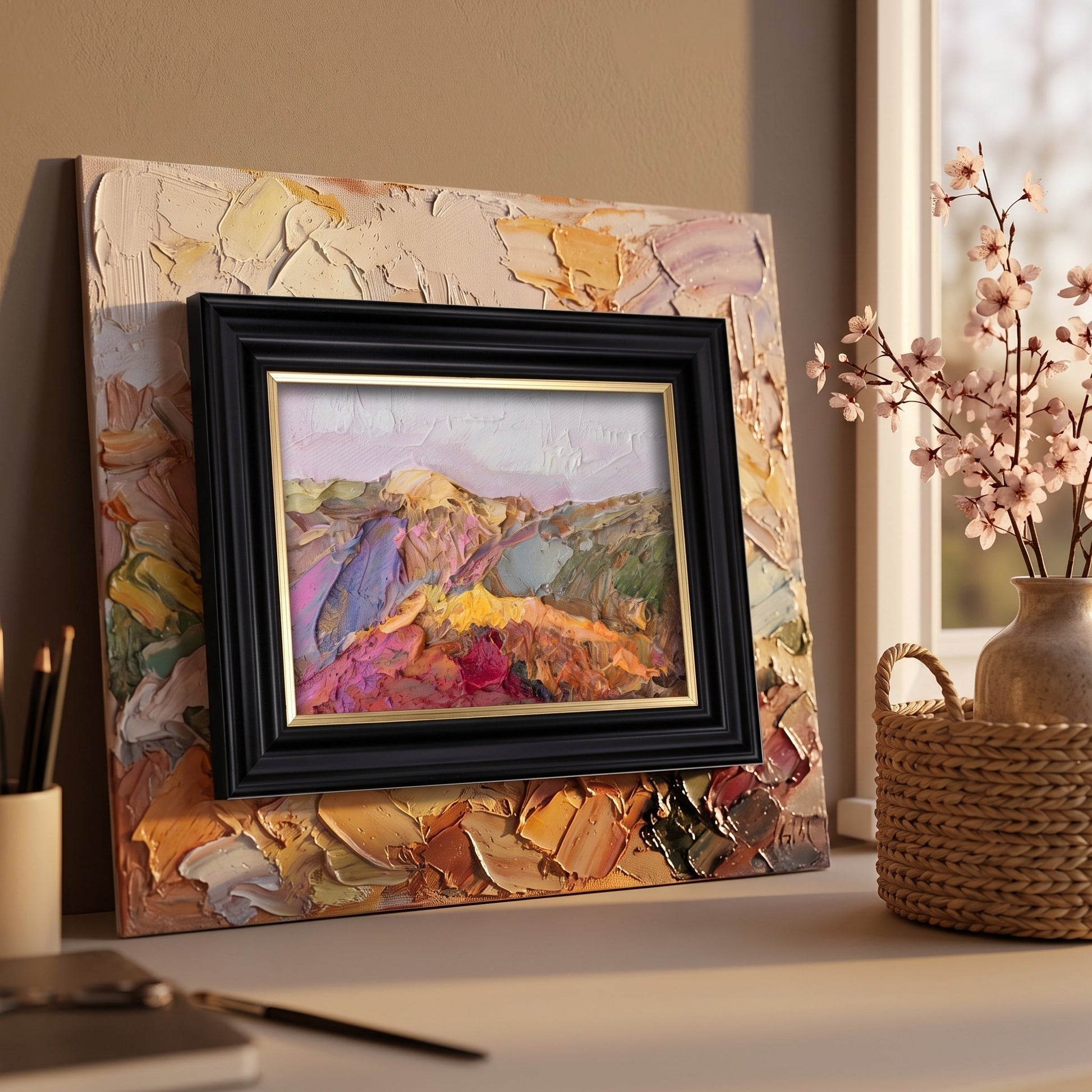 Contemporary home office — expressive landscape painting adds vibrant color and artistic energy to a minimalist workspace