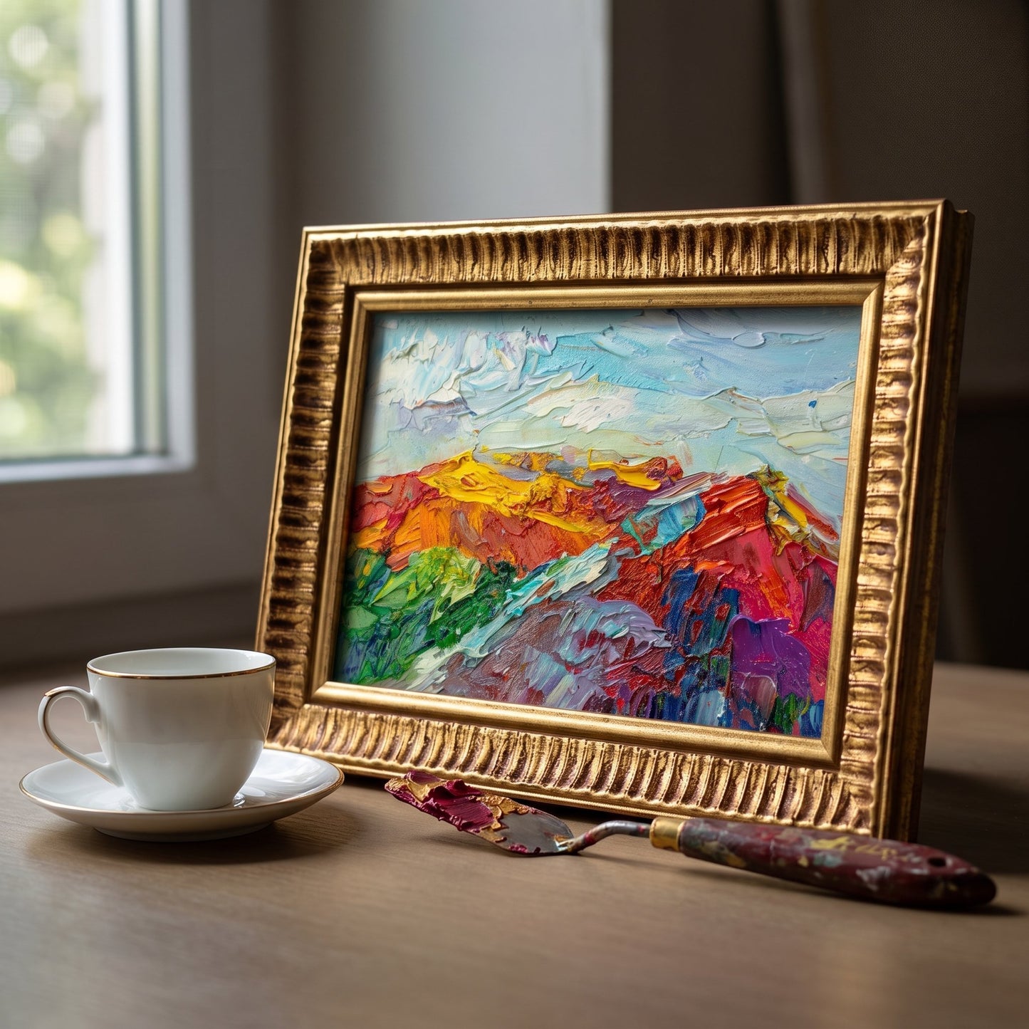Contemporary living room — Vibrant expressionist landscape painting transforms neutral space with bold color and texture