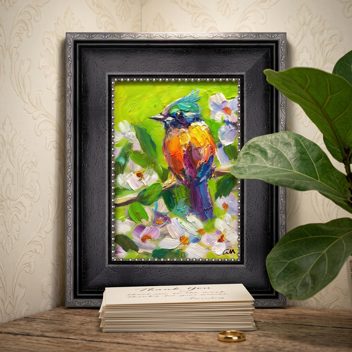 Vintage entryway — vibrant expressionist bird painting adds color and life to neutral decor